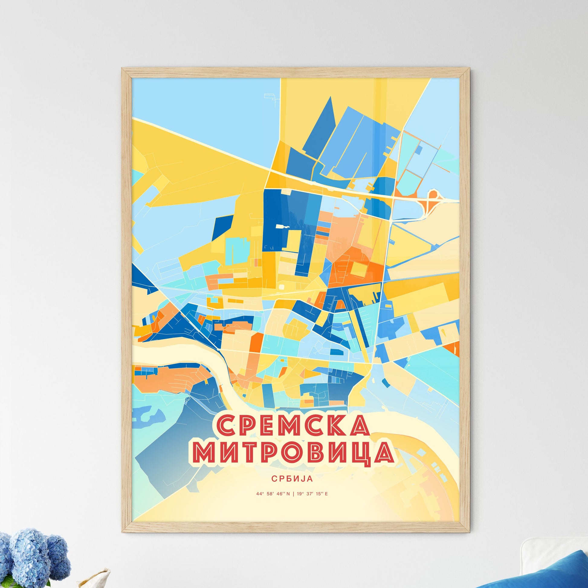 Colorful SREMSKA MITROVICA SERBIA Fine Art Map Blue Orange