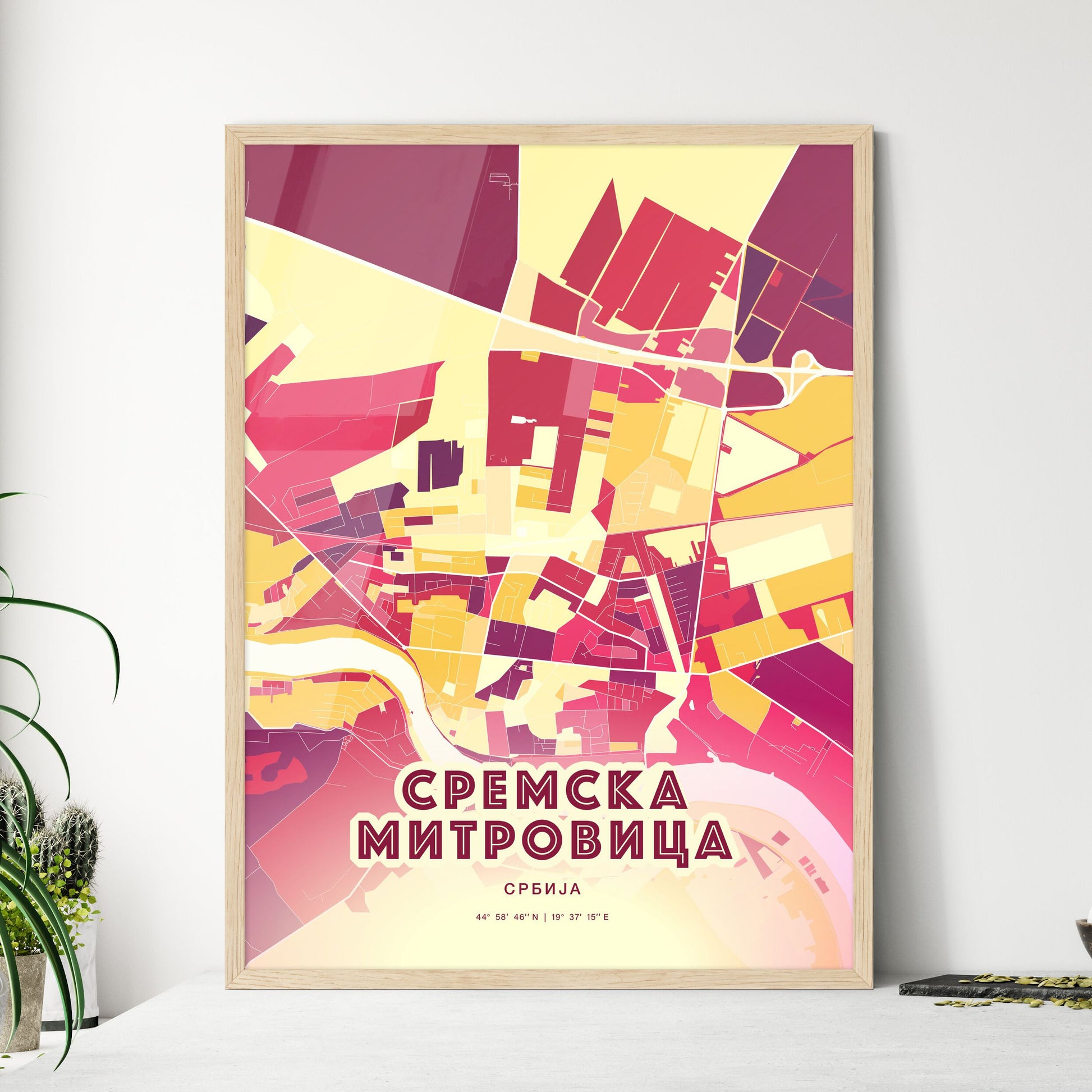 Colorful SREMSKA MITROVICA SERBIA Fine Art Map Hot Red