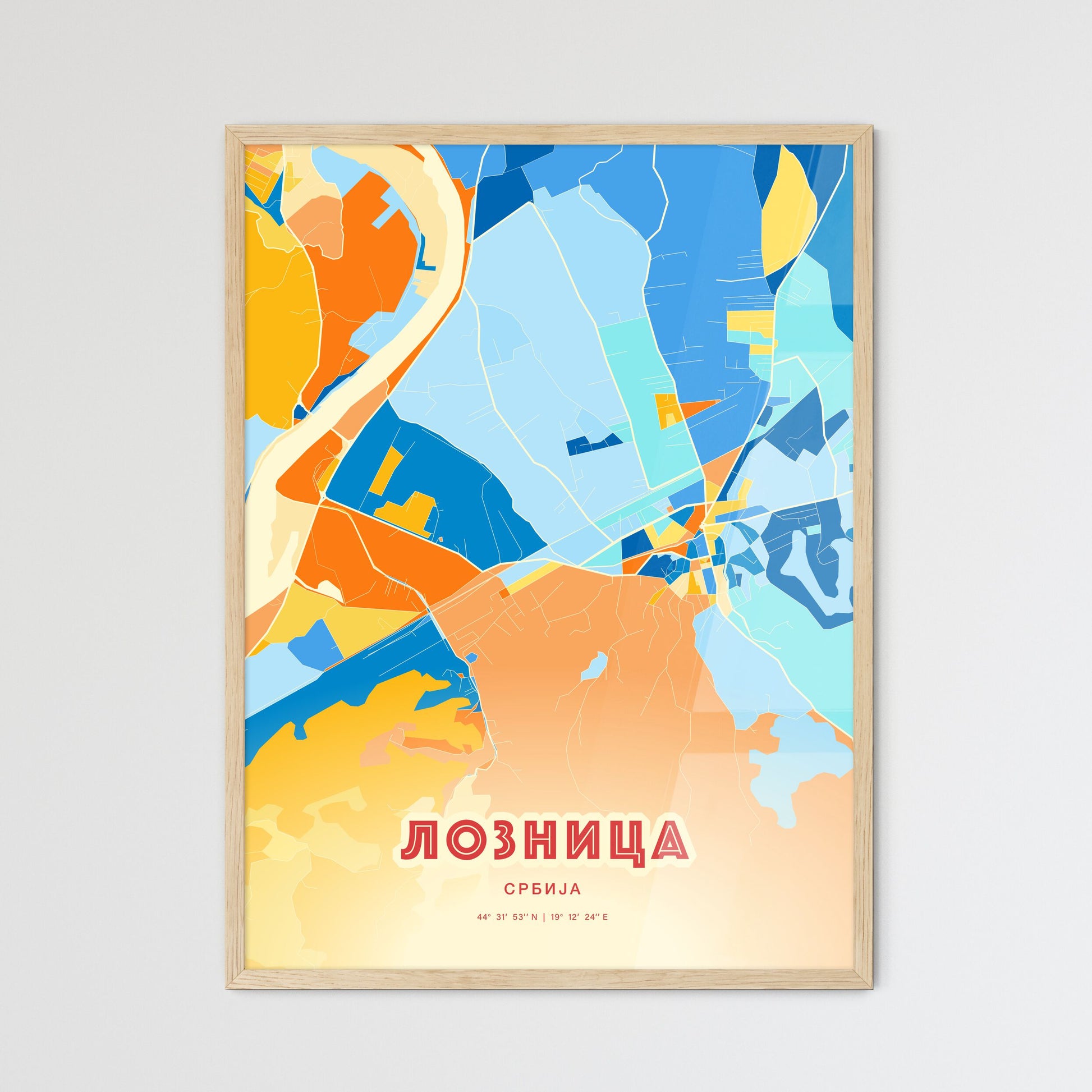 Colorful LOZNICA SERBIA Fine Art Map Blue Orange