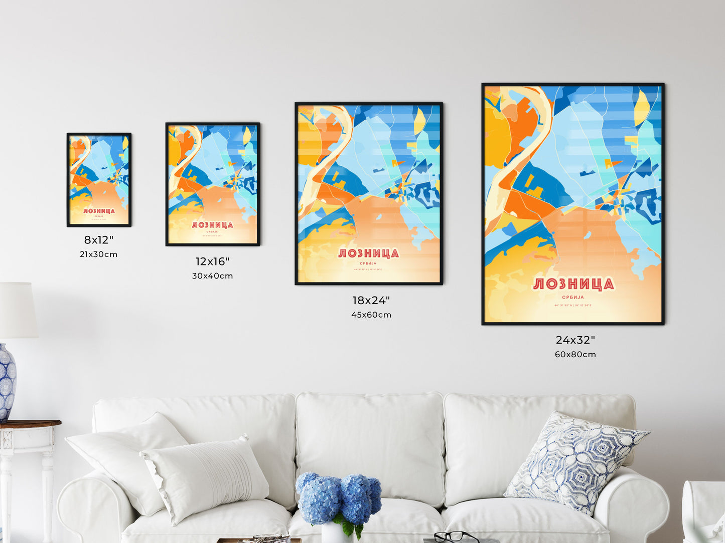 Colorful LOZNICA SERBIA Fine Art Map Blue Orange