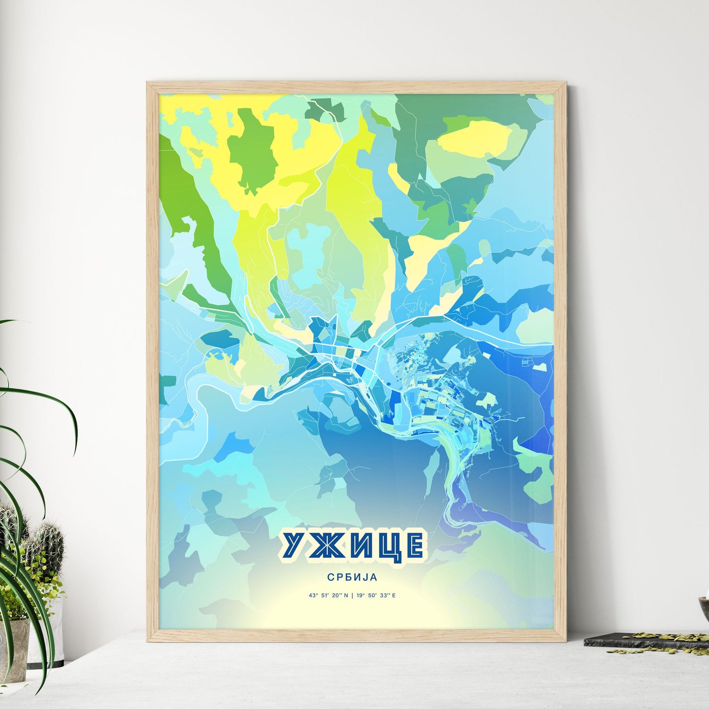 Colorful UŽICE SERBIA Fine Art Map Cool Blue