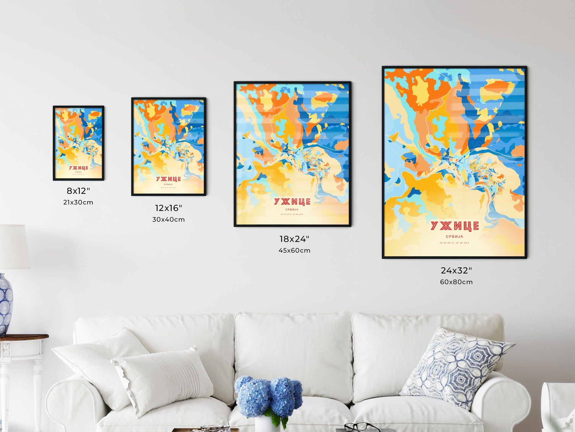 Colorful UŽICE SERBIA Fine Art Map Blue Orange