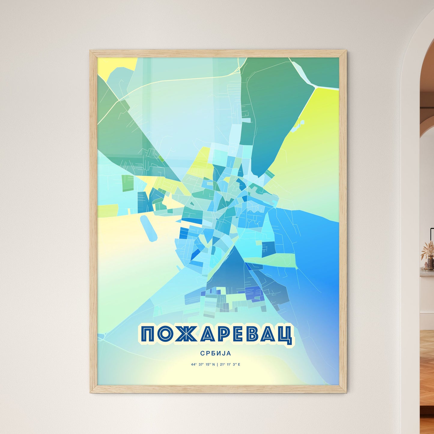 Colorful POŽAREVAC SERBIA Fine Art Map Cool Blue