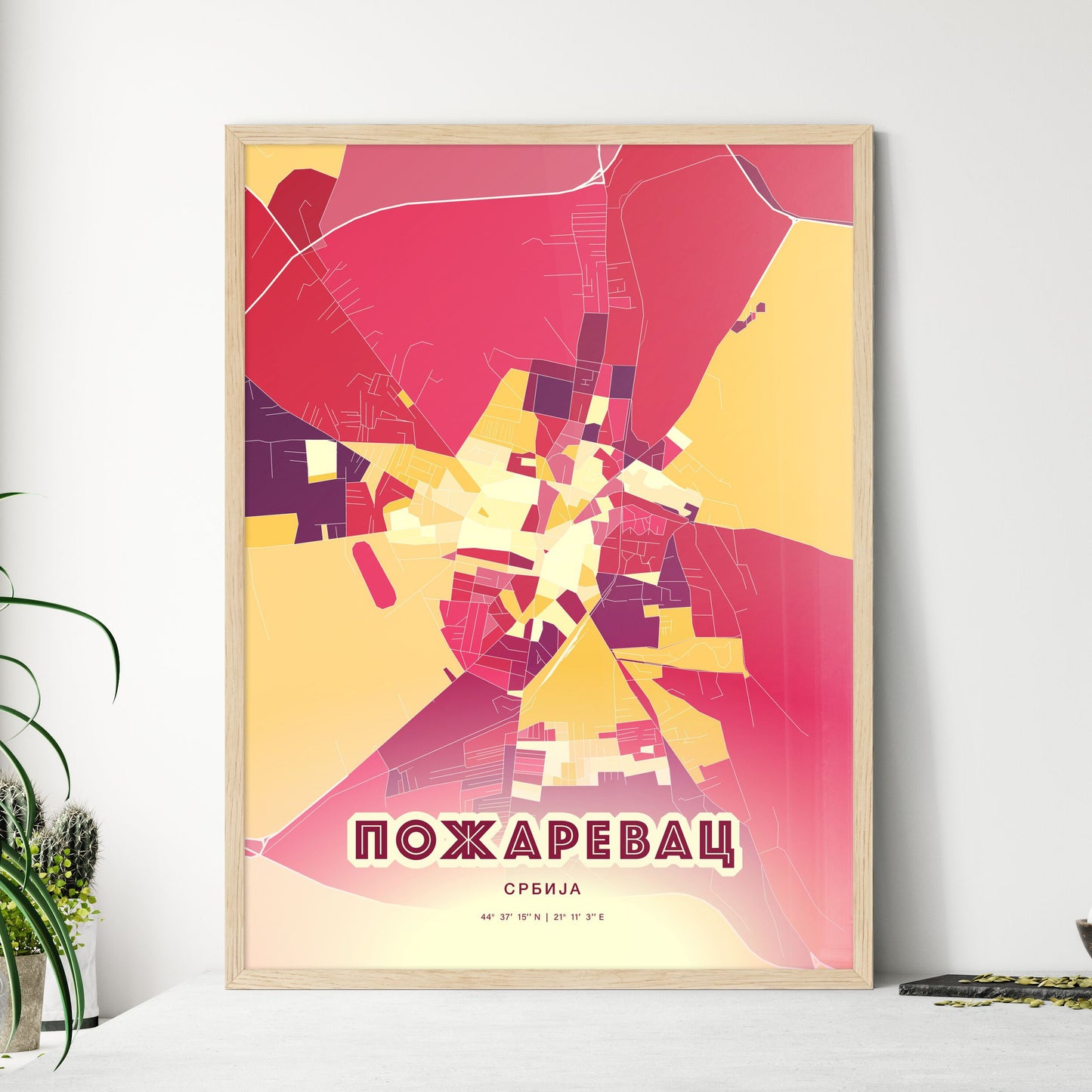 Colorful POŽAREVAC SERBIA Fine Art Map Hot Red