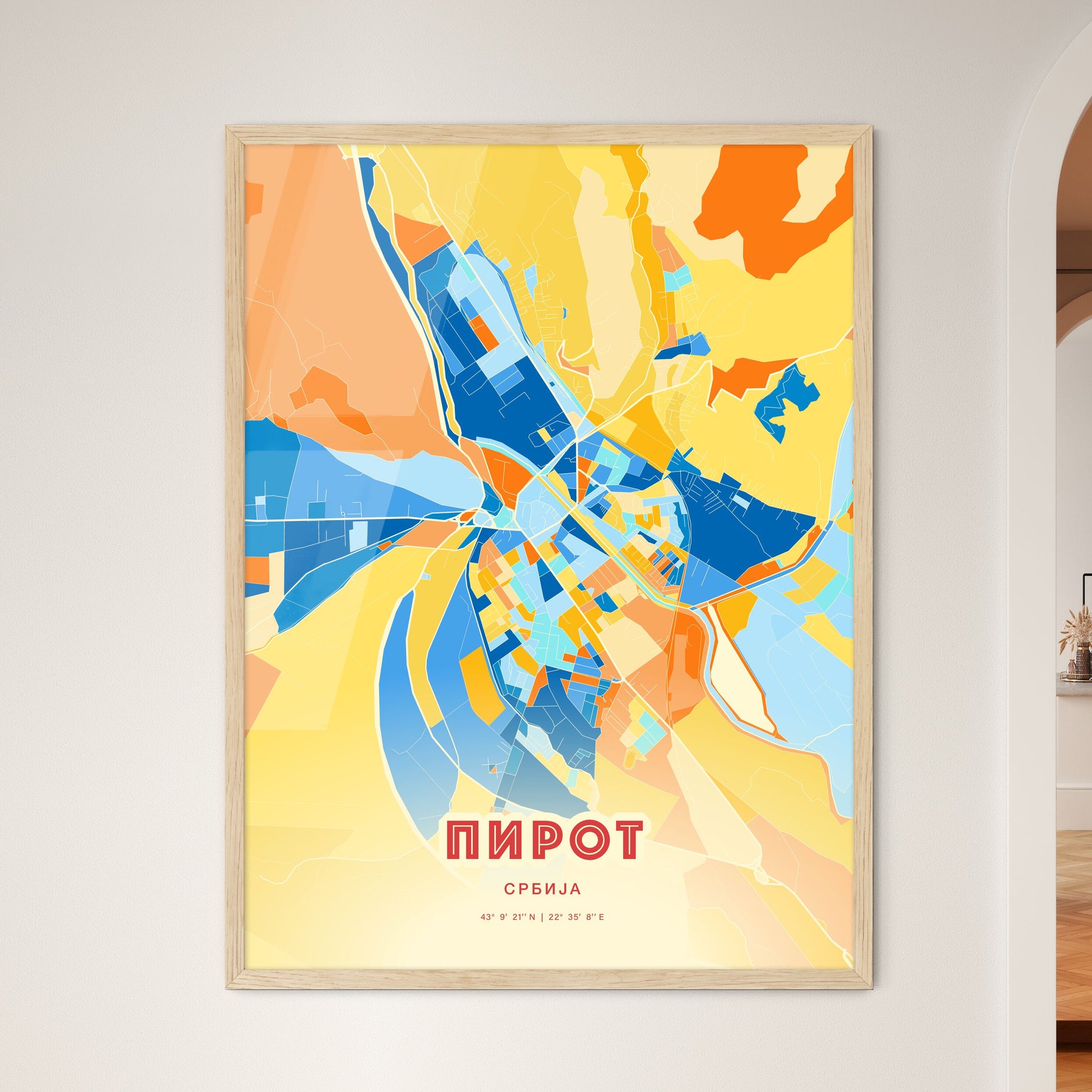 Colorful PIROT SERBIA Fine Art Map Blue Orange