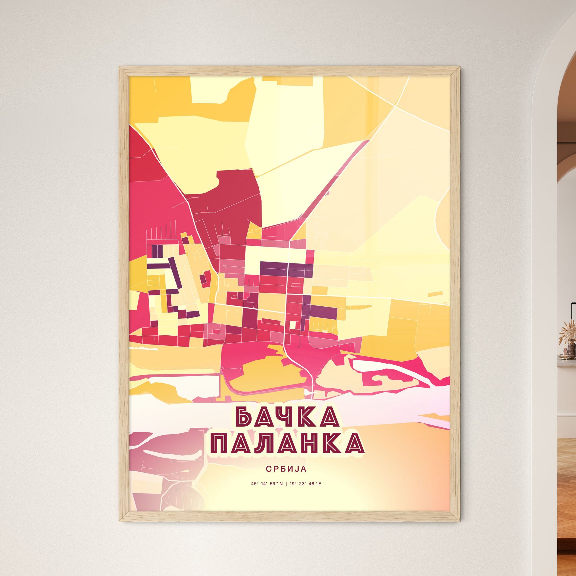 Colorful BAČKA PALANKA SERBIA Fine Art Map Hot Red