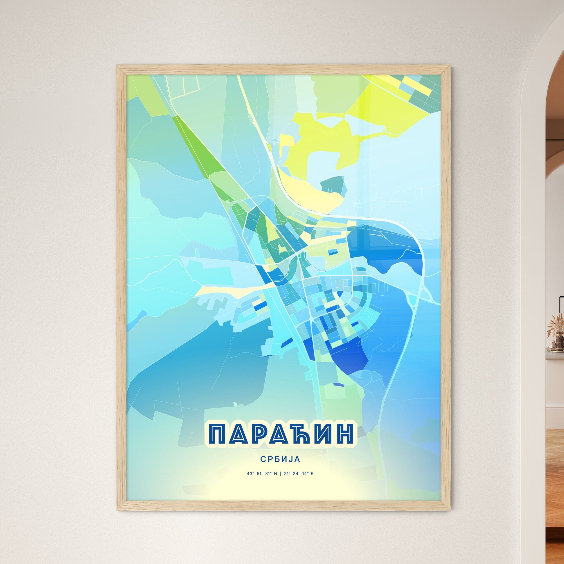 Colorful PARAĆIN SERBIA Fine Art Map Cool Blue