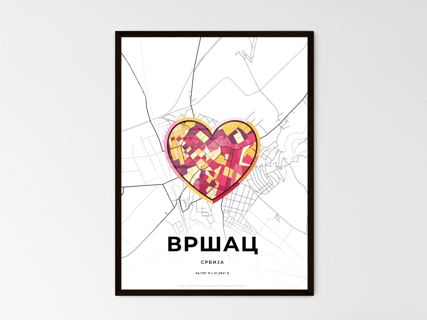 Vršac Serbia wedding art map with heart icon