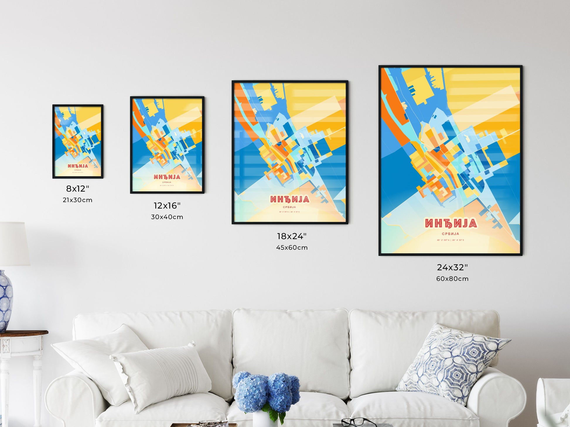 Colorful INĐIJA SERBIA Fine Art Map Blue Orange