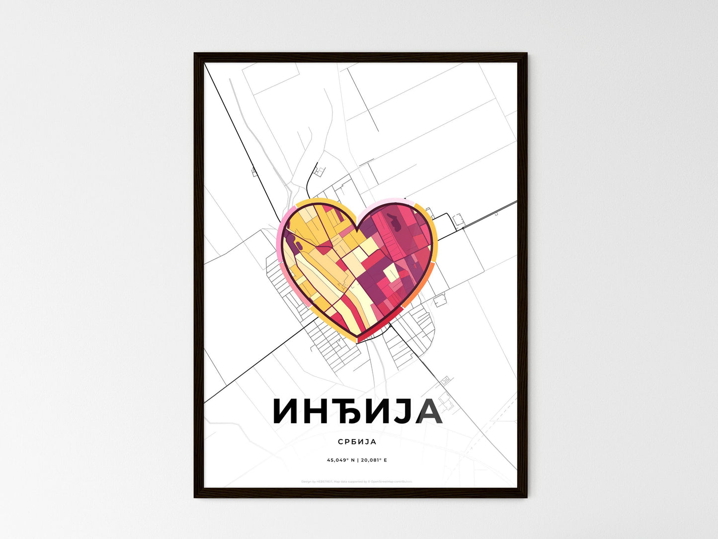 Inđija Serbia wedding art map with heart icon