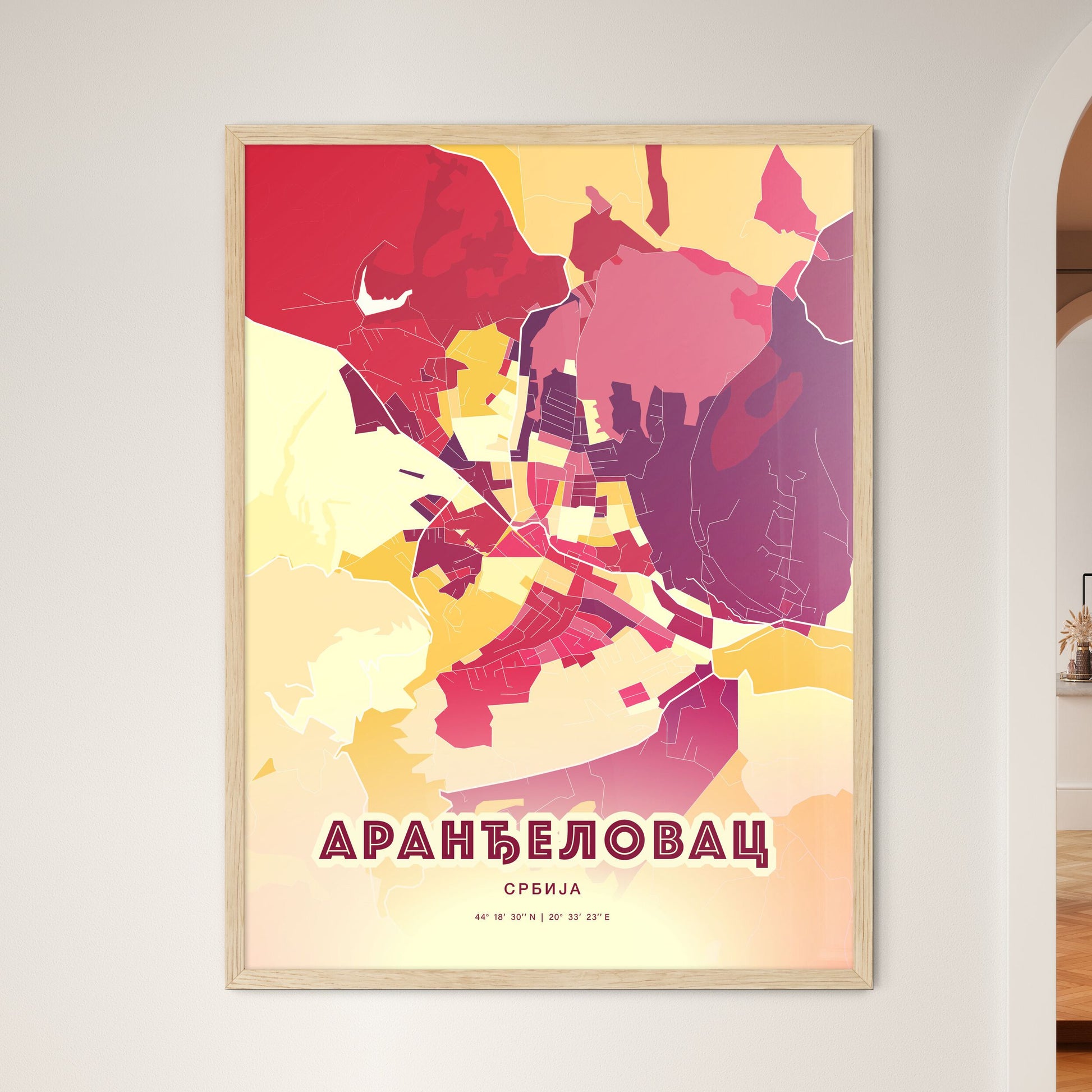 Colorful ARANĐELOVAC SERBIA Fine Art Map Hot Red