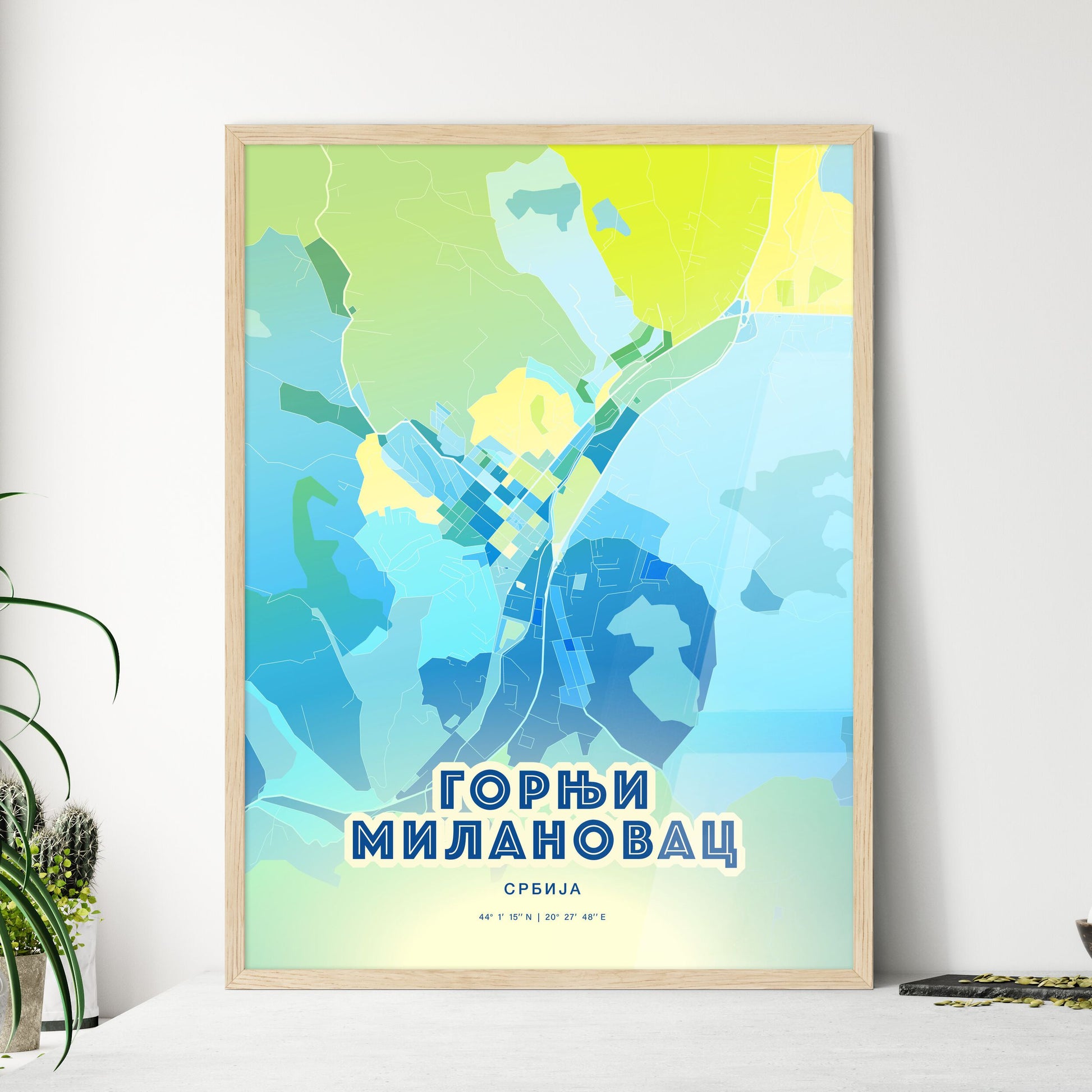 Colorful GORNJI MILANOVAC SERBIA Fine Art Map Cool Blue