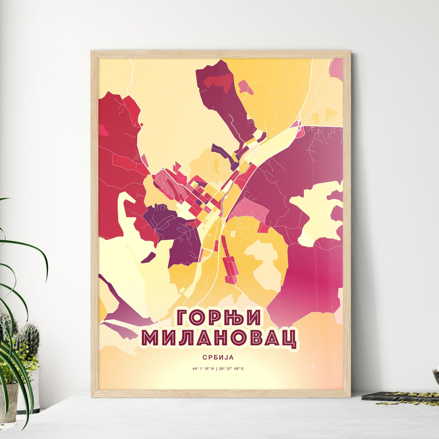 Colorful GORNJI MILANOVAC SERBIA Fine Art Map Hot Red