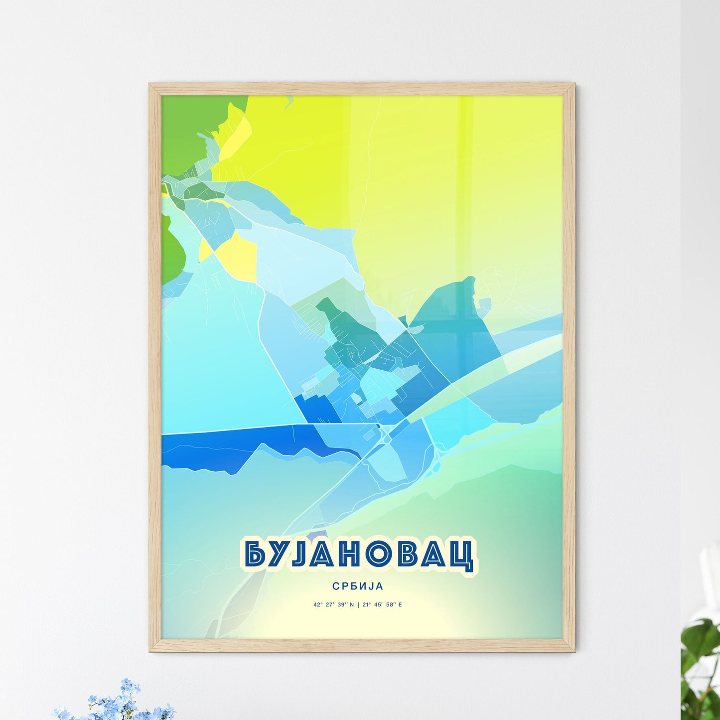 Colorful BUJANOVAC SERBIA Fine Art Map Cool Blue