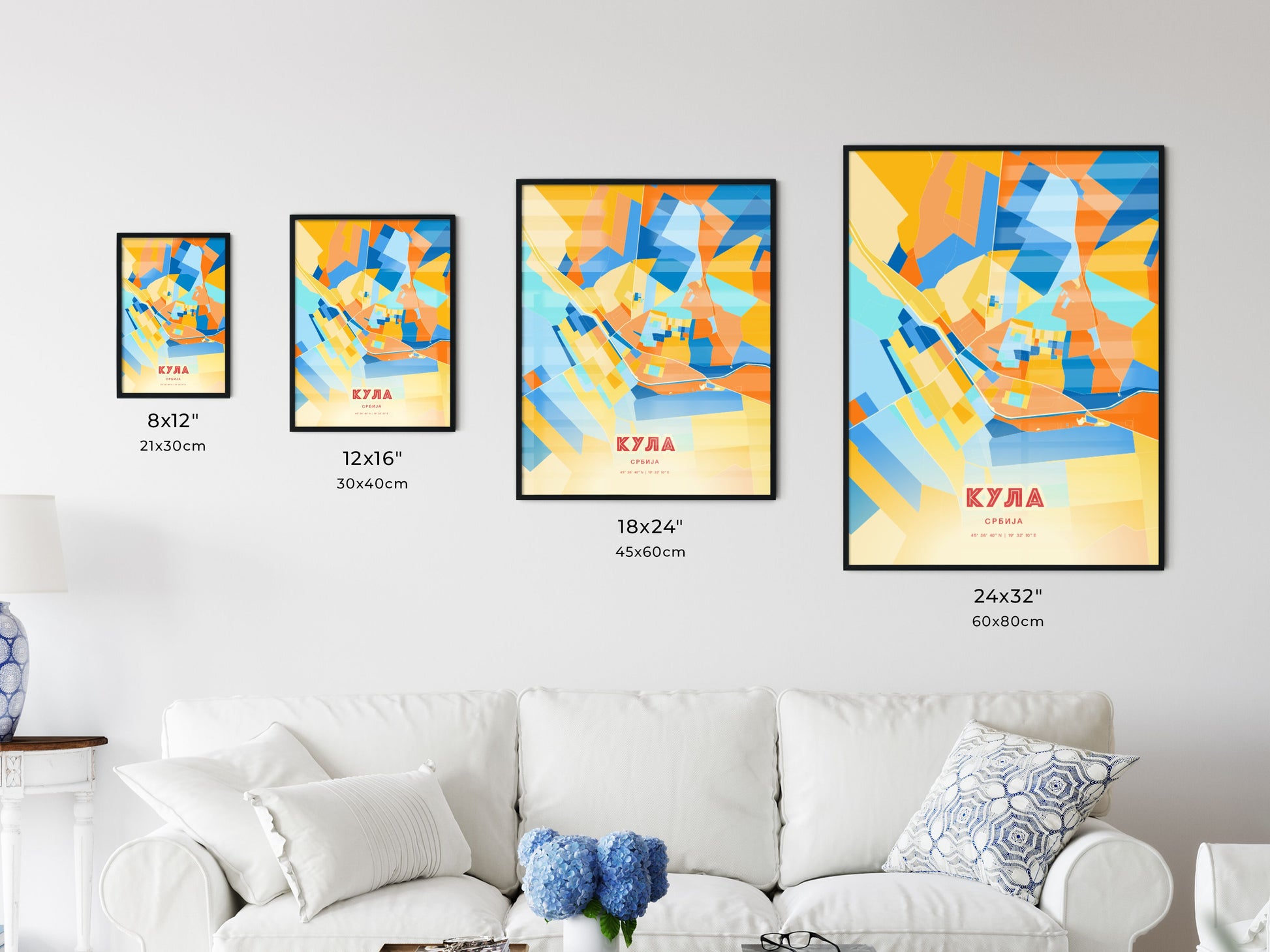 Colorful KULA SERBIA Fine Art Map Blue Orange