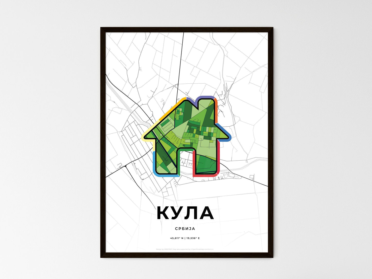 Kula Serbia wedding art map with home icon