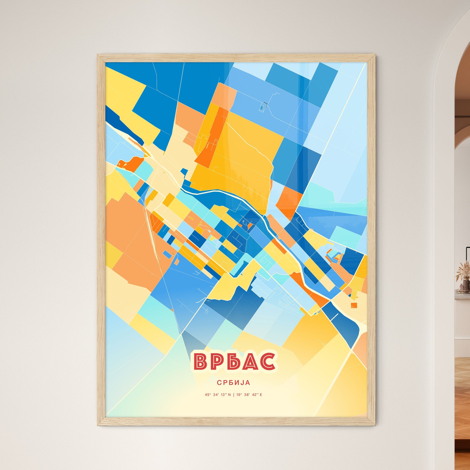 Colorful VRBAS SERBIA Fine Art Map Blue Orange