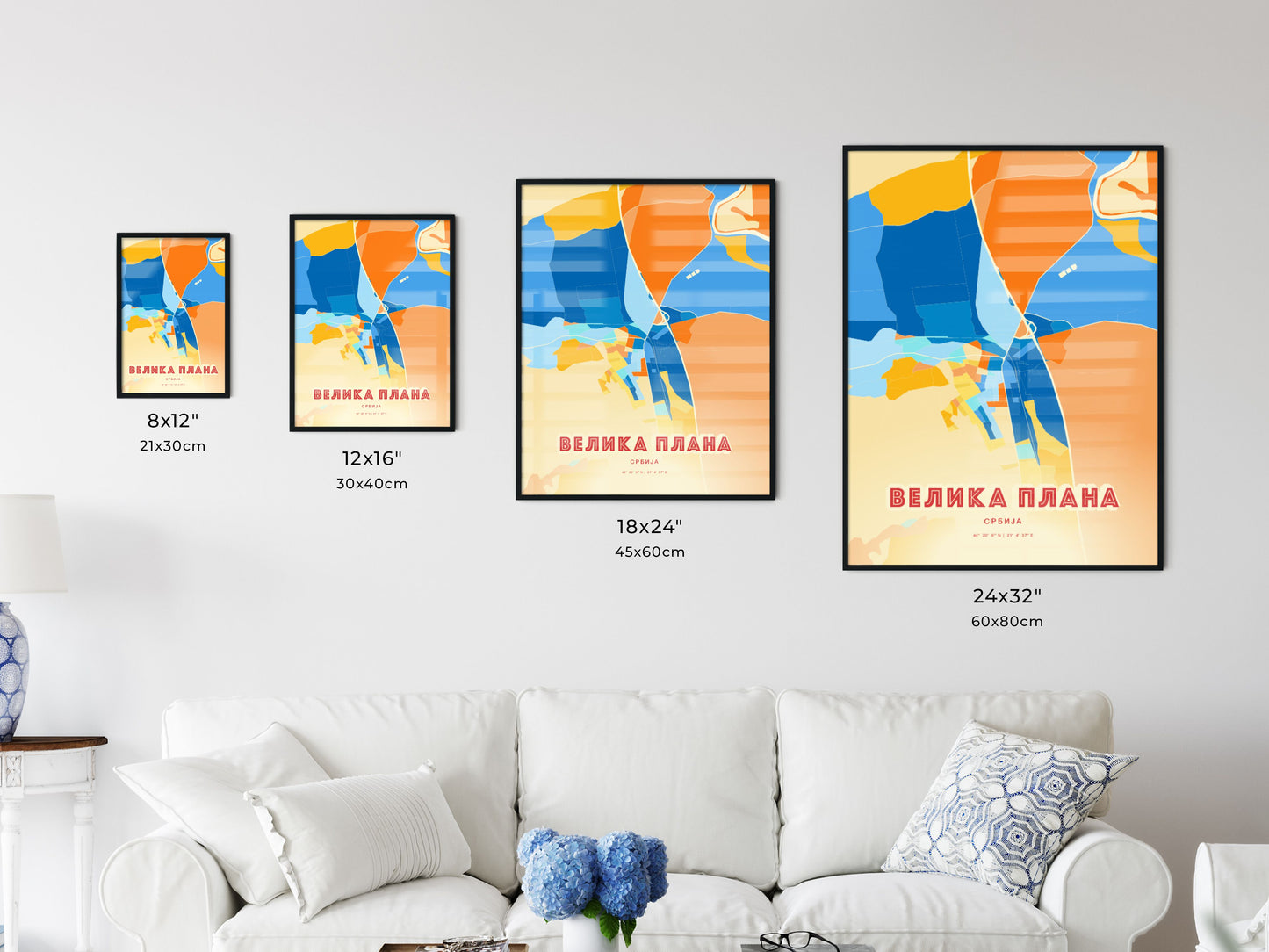 Colorful VELIKA PLANA SERBIA Fine Art Map Blue Orange