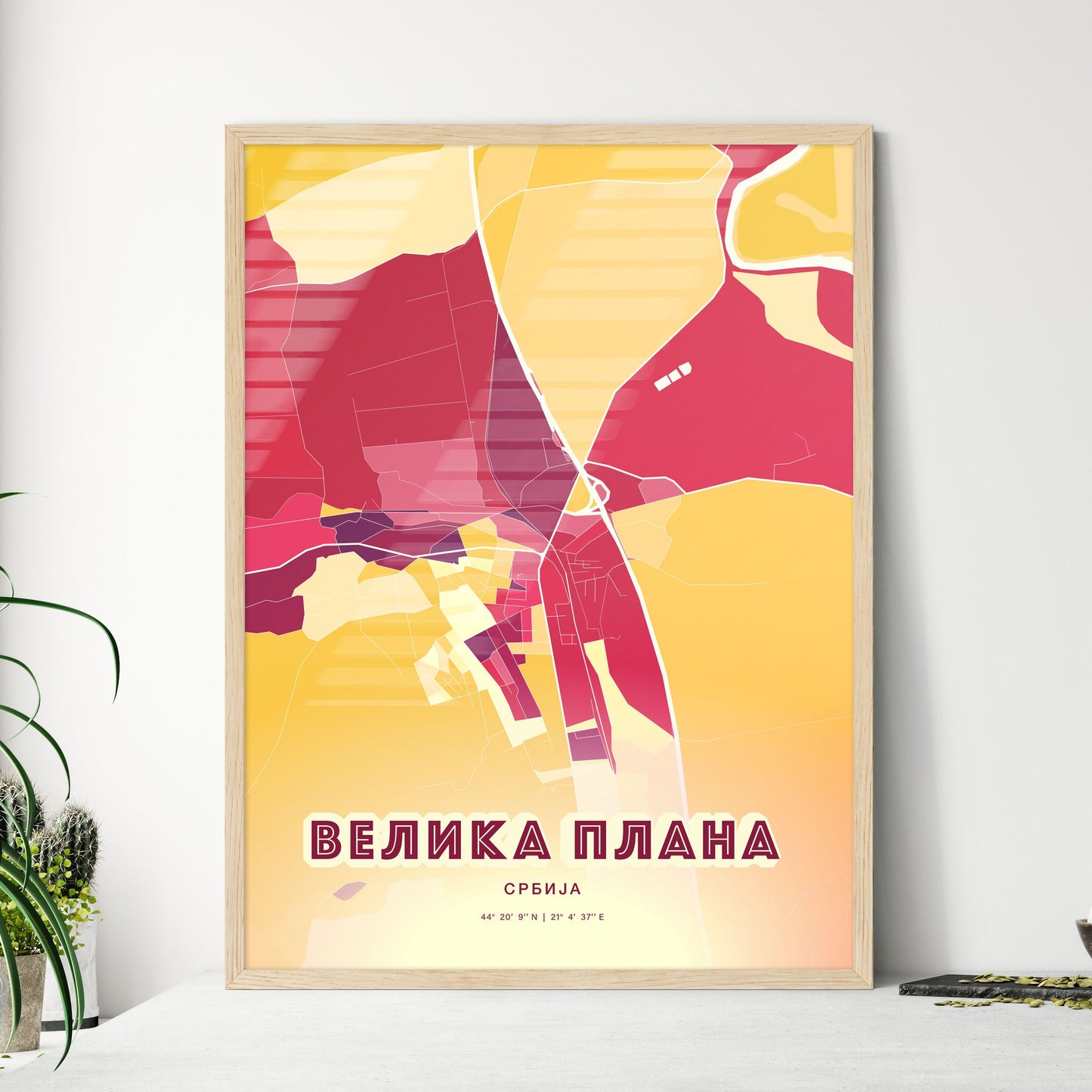 Colorful VELIKA PLANA SERBIA Fine Art Map Hot Red