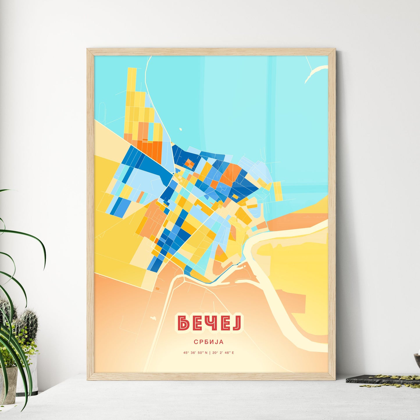 Colorful BEČEJ SERBIA Fine Art Map Blue Orange