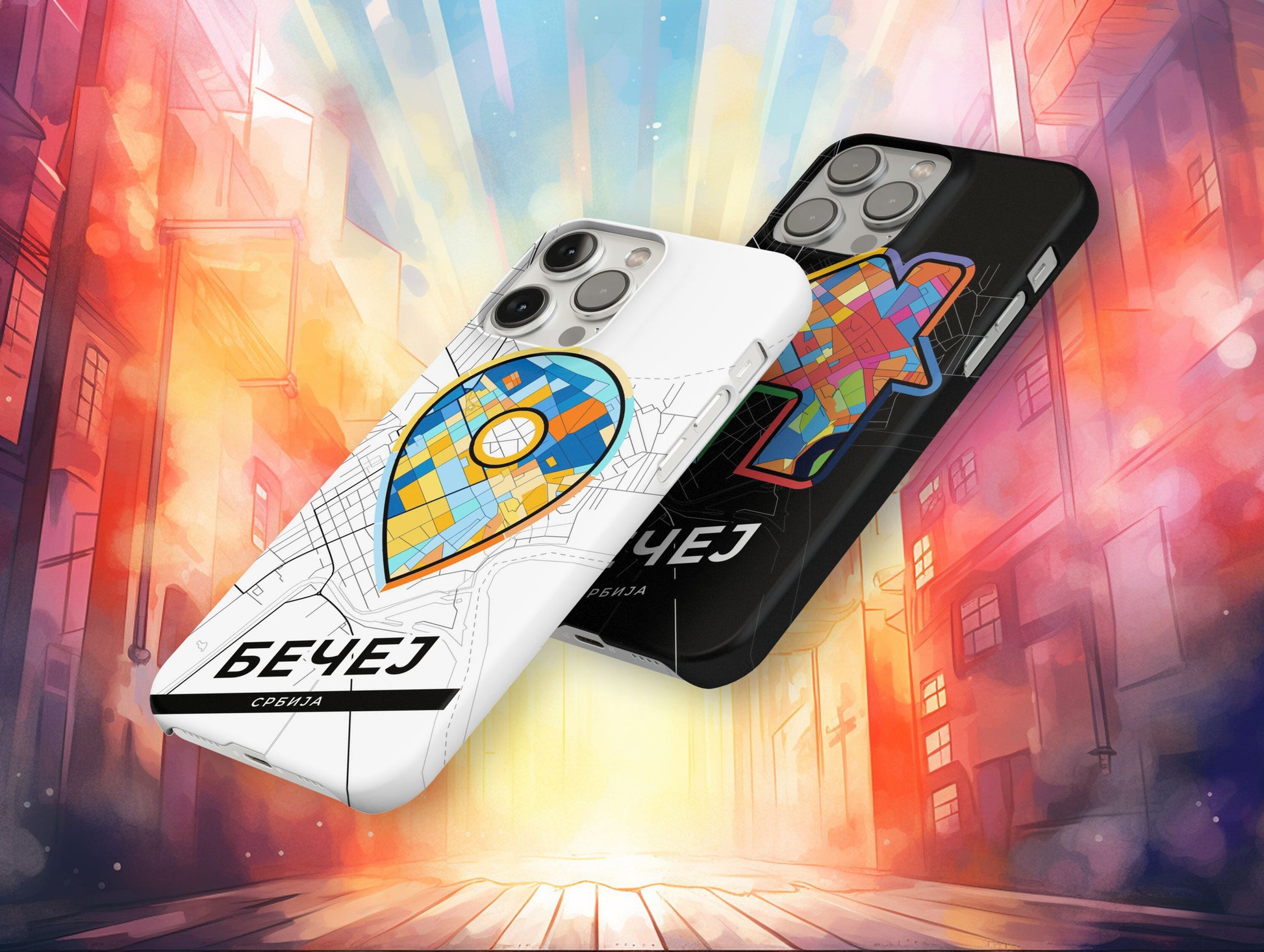 Bečej Serbia slim phone case with colorful icon. Birthday, wedding or housewarming gift. Couple match cases.