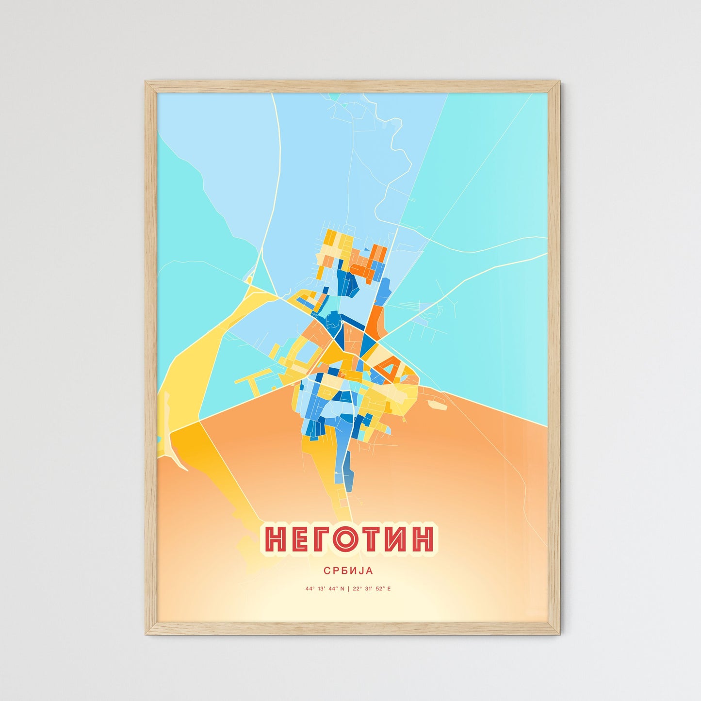 Colorful NEGOTIN SERBIA Fine Art Map Blue Orange