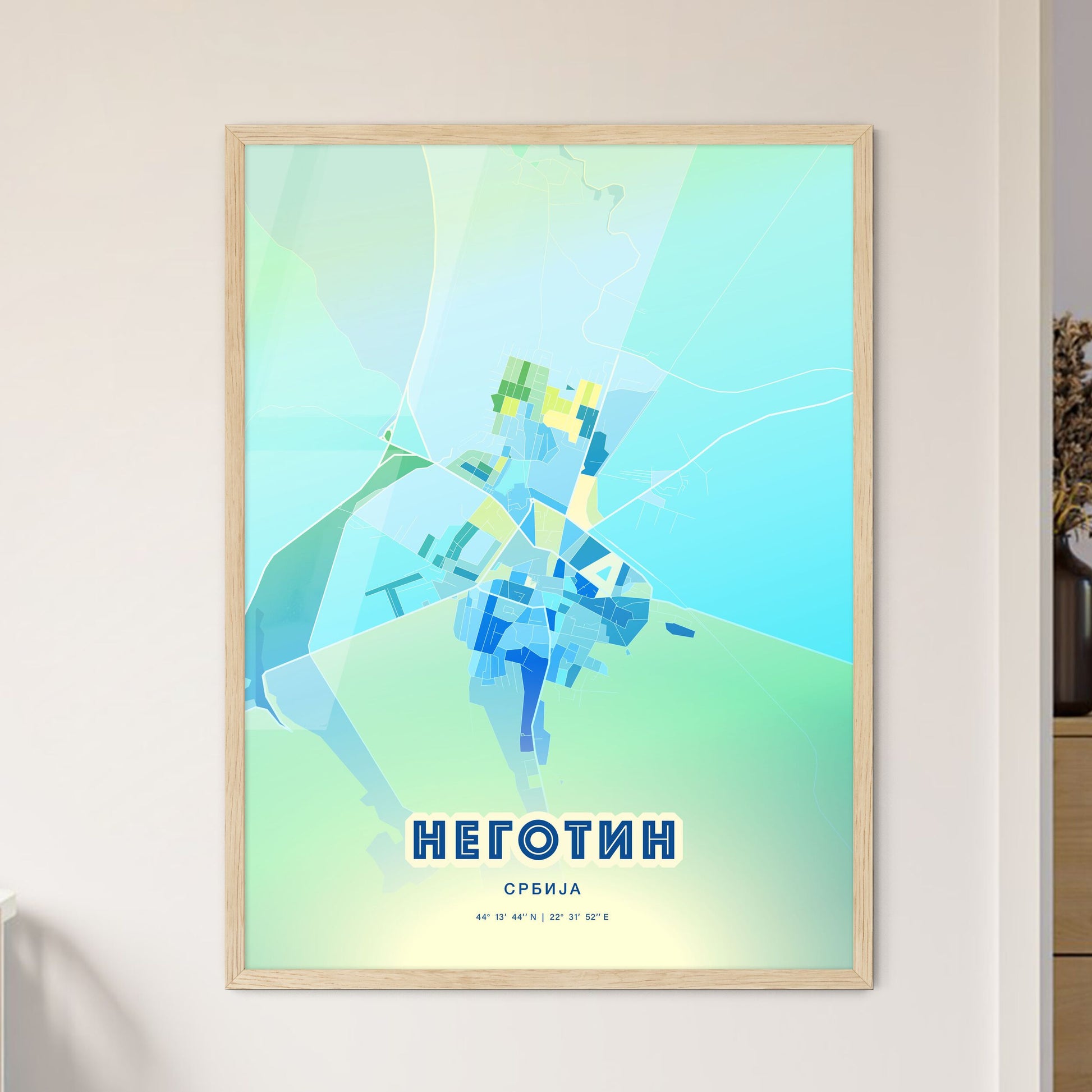 Colorful NEGOTIN SERBIA Fine Art Map Cool Blue