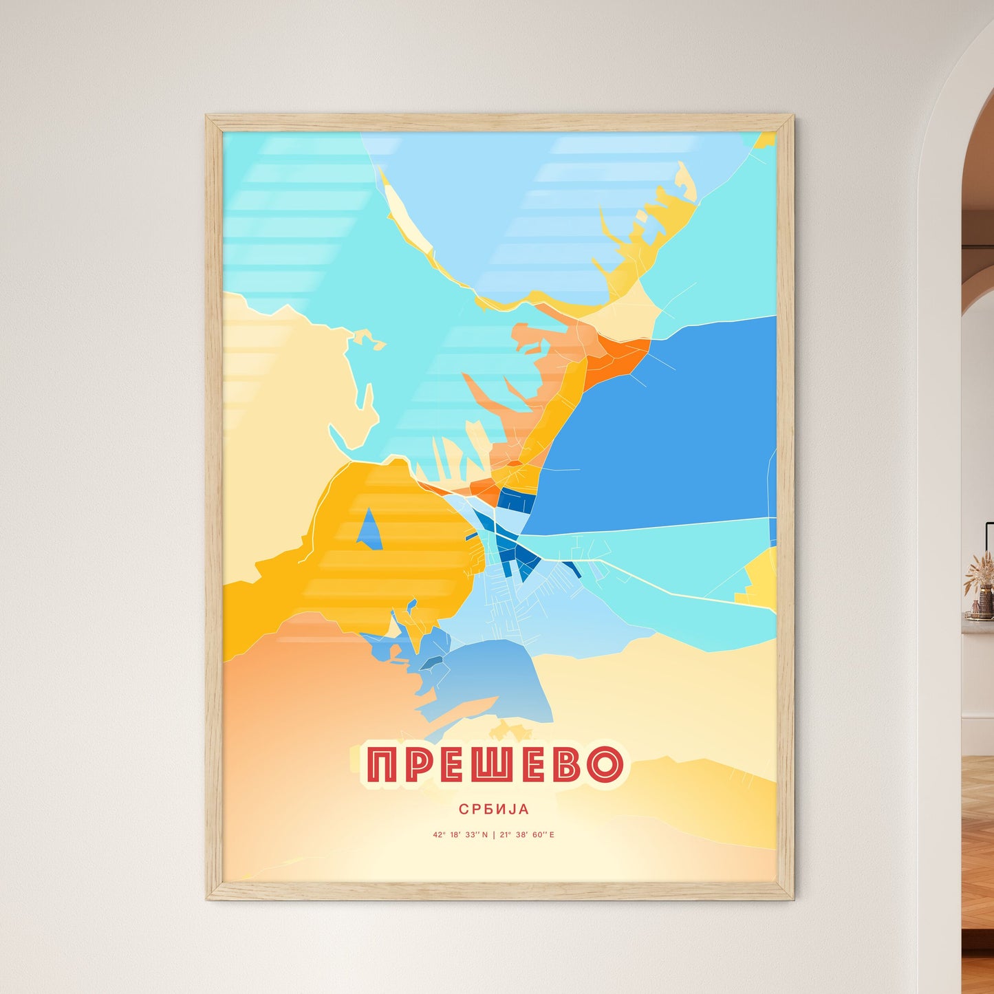 Colorful PREŠEVO SERBIA Fine Art Map Blue Orange