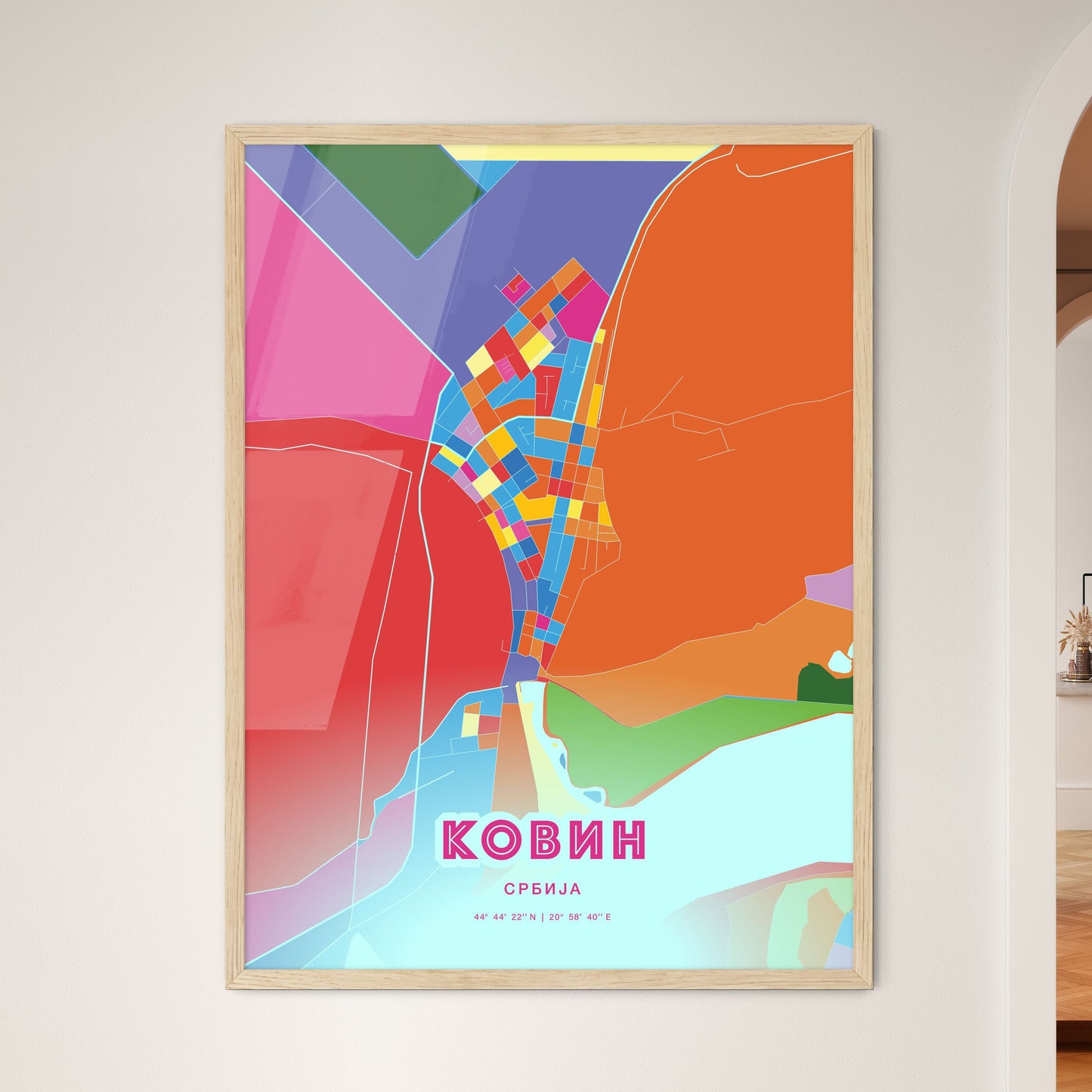 Colorful KOVIN SERBIA Fine Art Map Crazy Colors