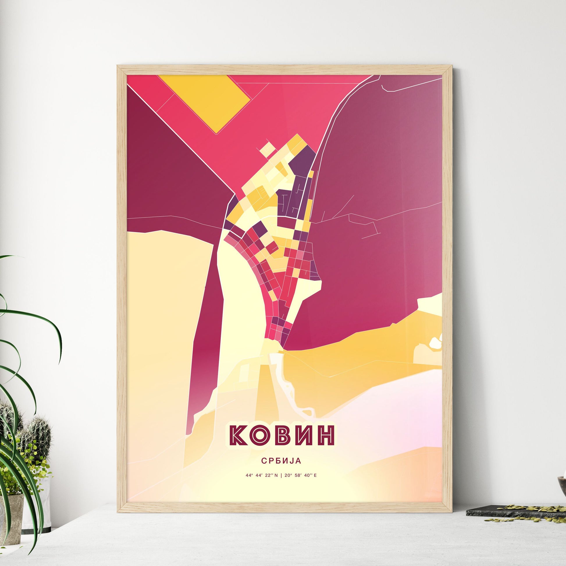 Colorful KOVIN SERBIA Fine Art Map Hot Red