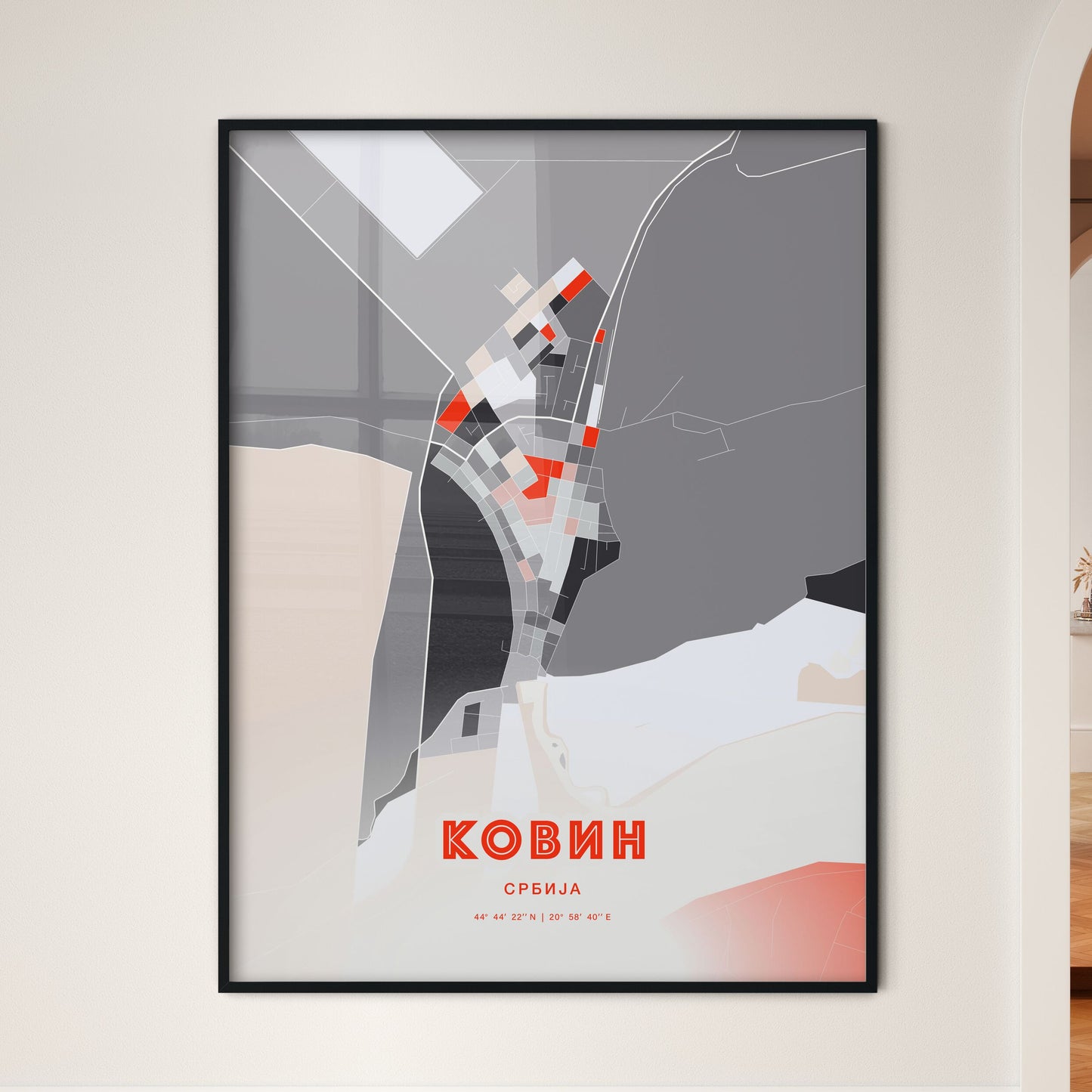 Colorful KOVIN SERBIA Fine Art Map Modern