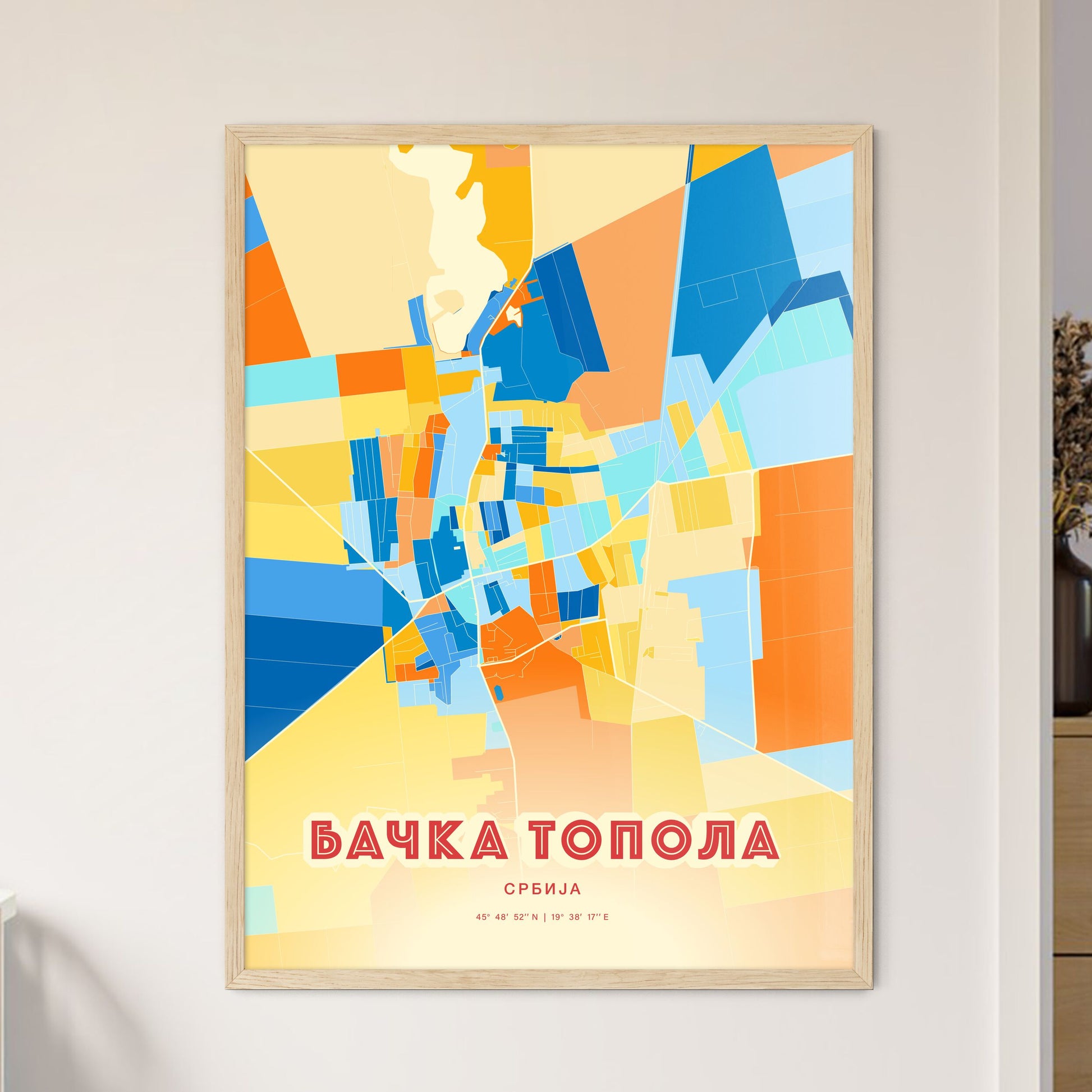 Colorful BAČKA TOPOLA SERBIA Fine Art Map Blue Orange