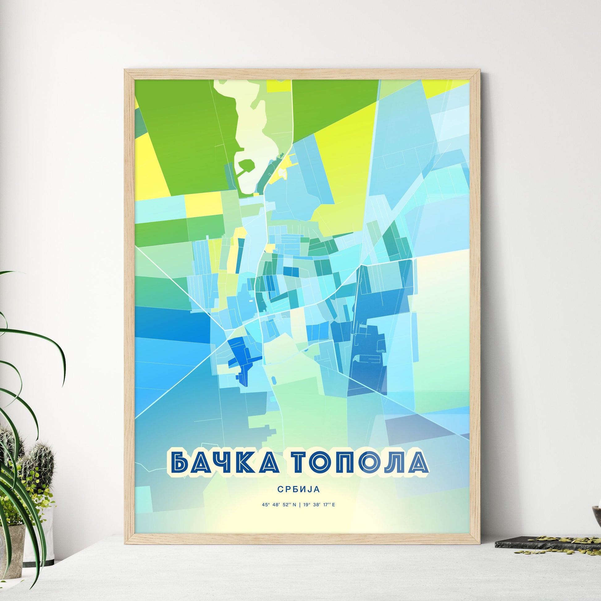 Colorful BAČKA TOPOLA SERBIA Fine Art Map Cool Blue