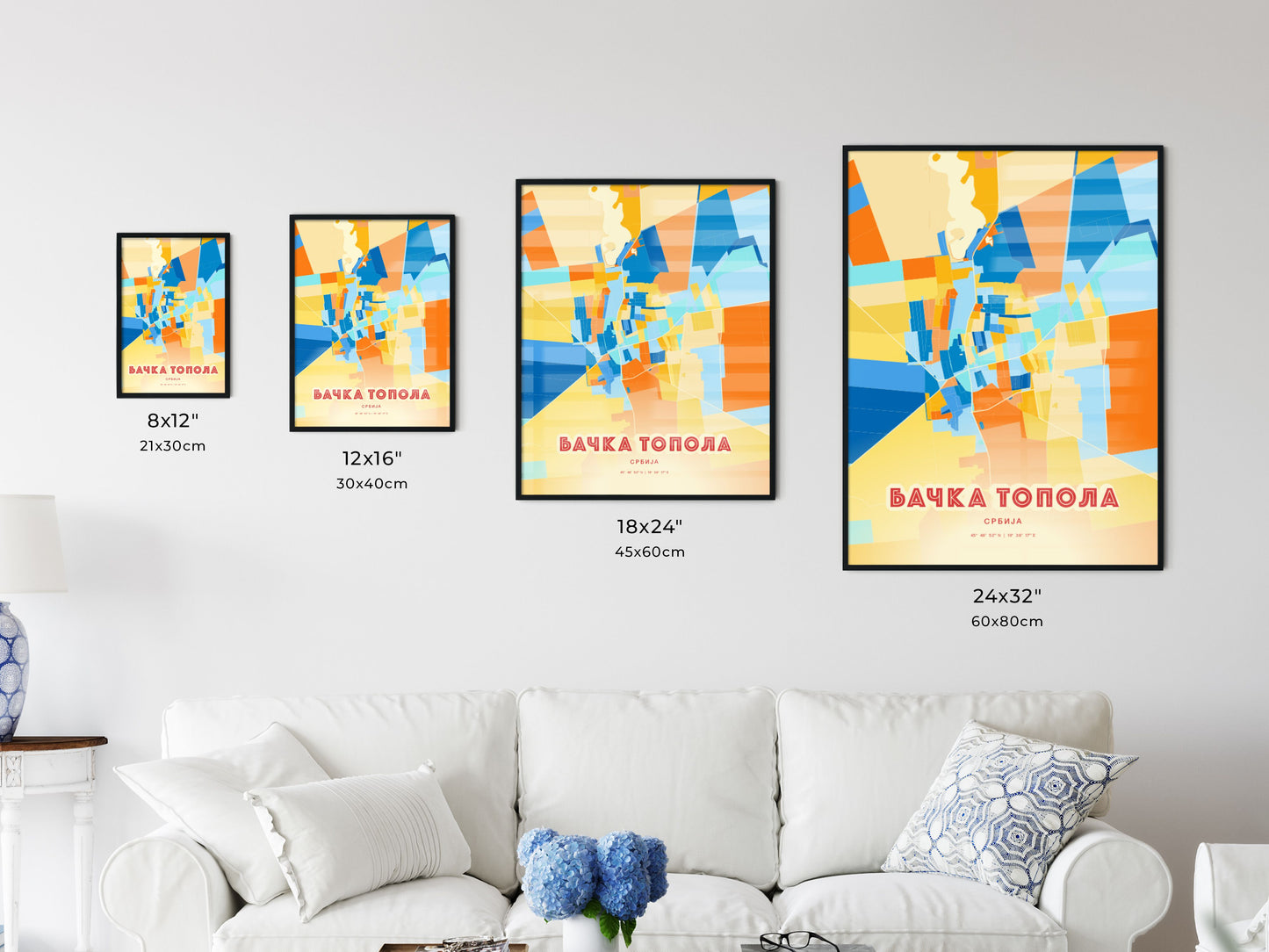 Colorful BAČKA TOPOLA SERBIA Fine Art Map Blue Orange