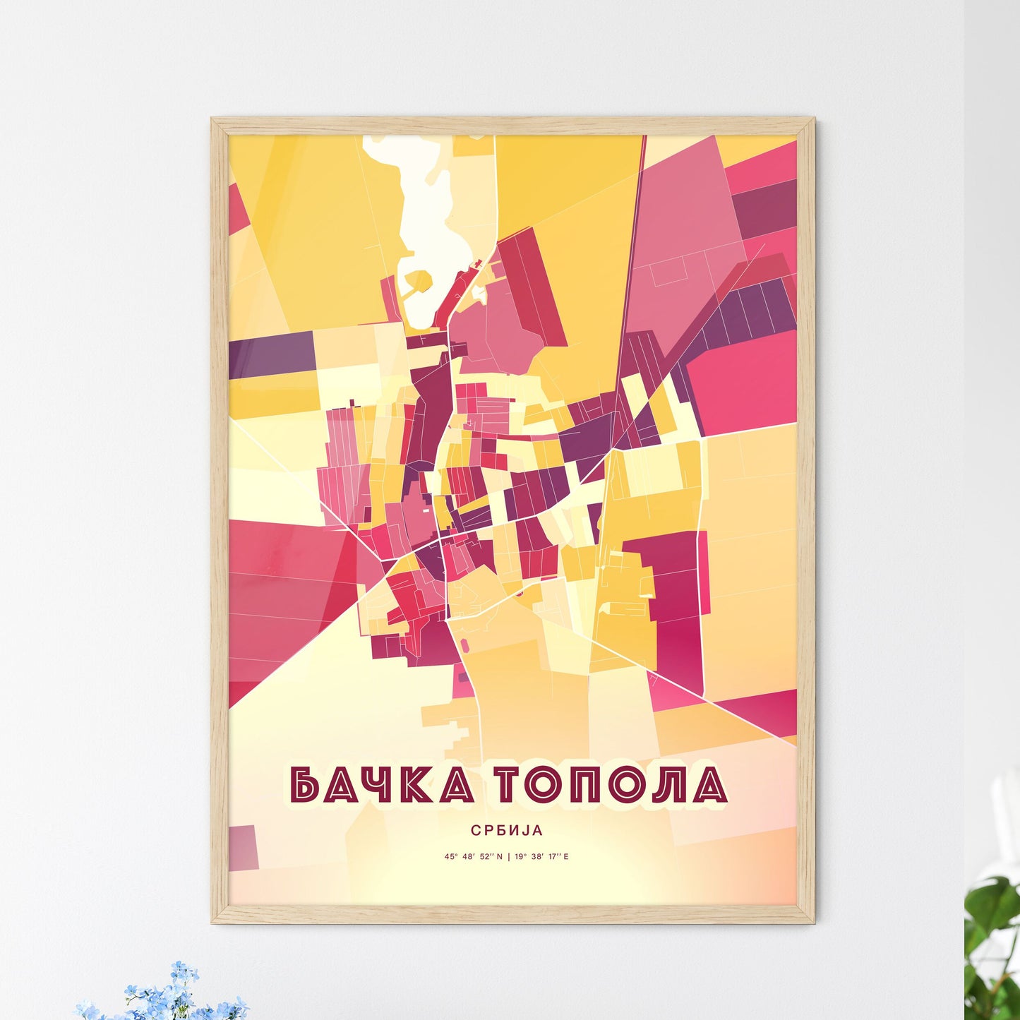 Colorful BAČKA TOPOLA SERBIA Fine Art Map Hot Red