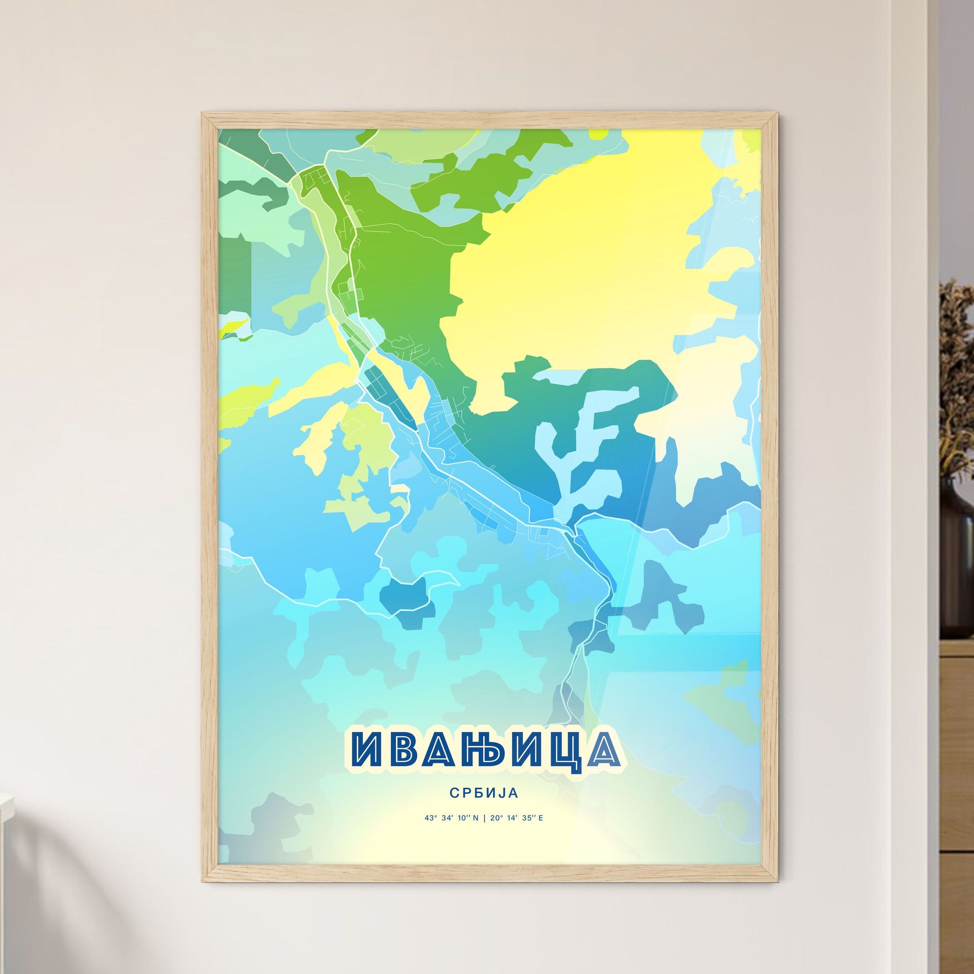 Colorful IVANJICA SERBIA Fine Art Map Cool Blue