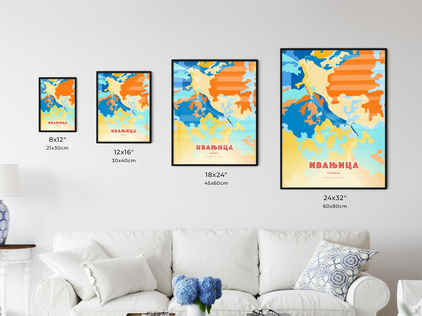 Colorful IVANJICA SERBIA Fine Art Map Blue Orange