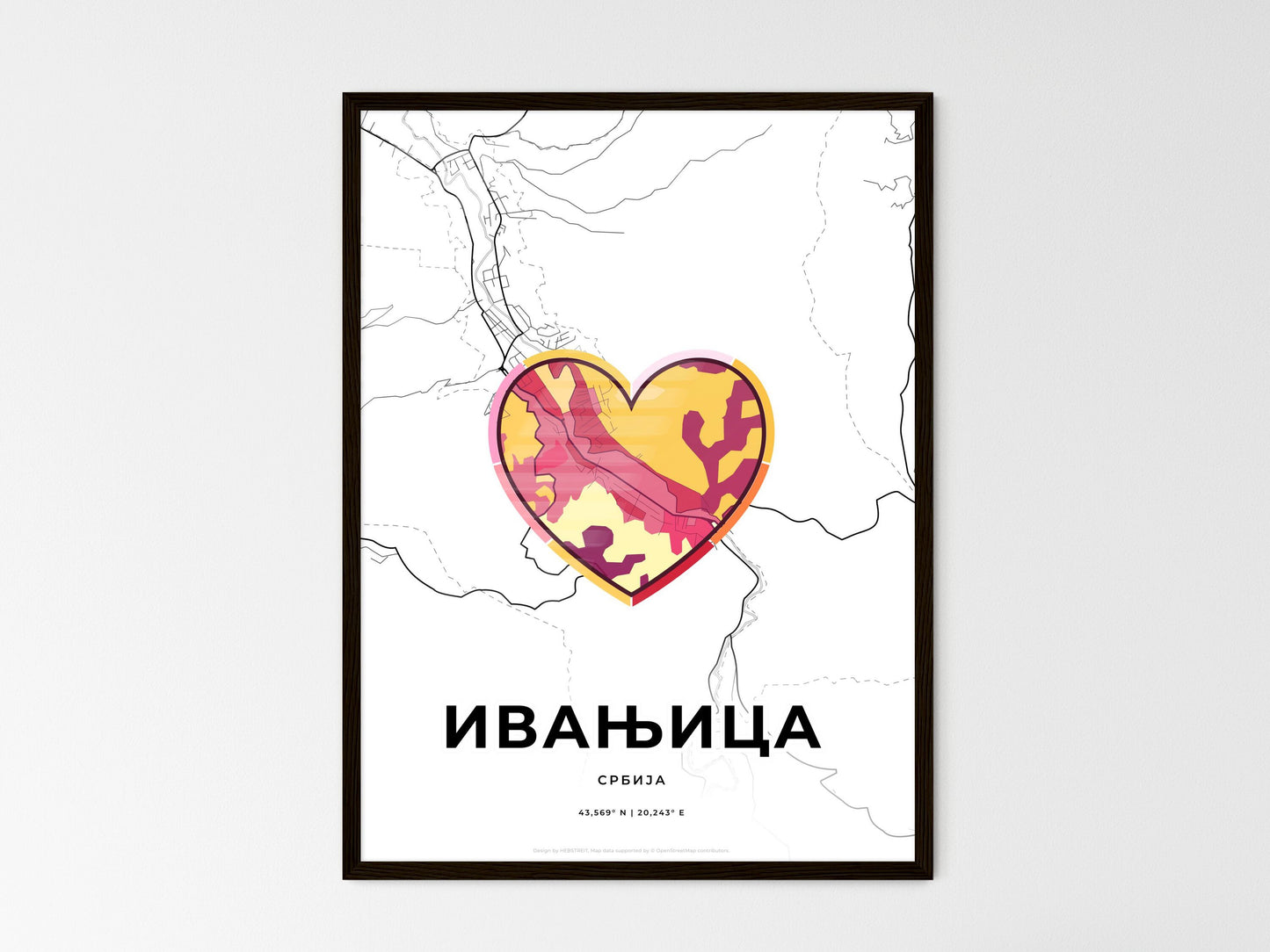 Ivanjica Serbia wedding art map with heart icon