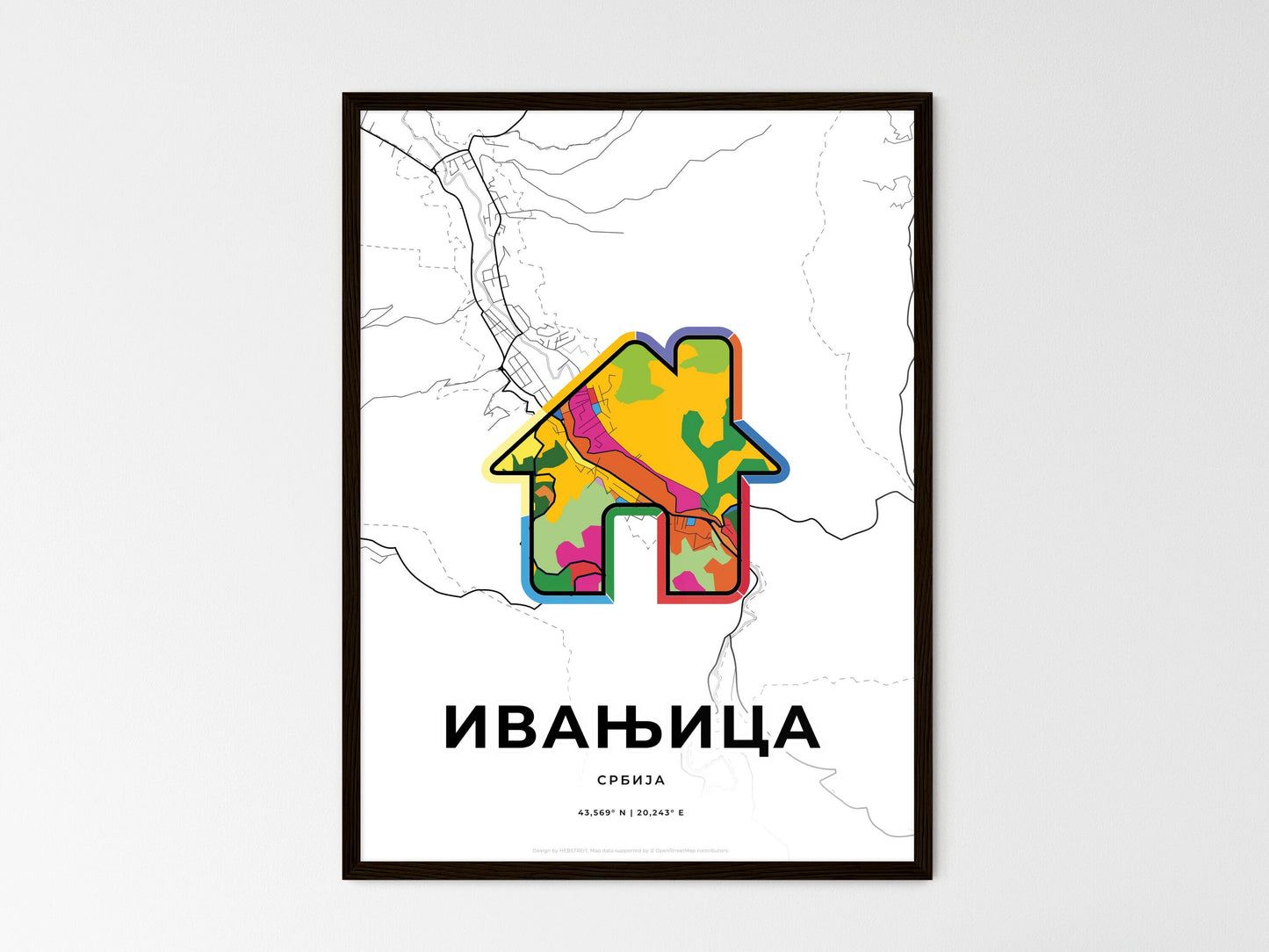 Ivanjica Serbia wedding art map with home icon