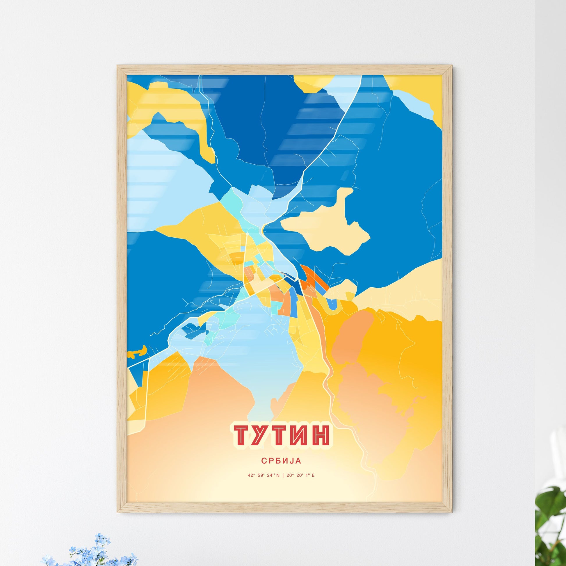 Colorful TUTIN SERBIA Fine Art Map Blue Orange