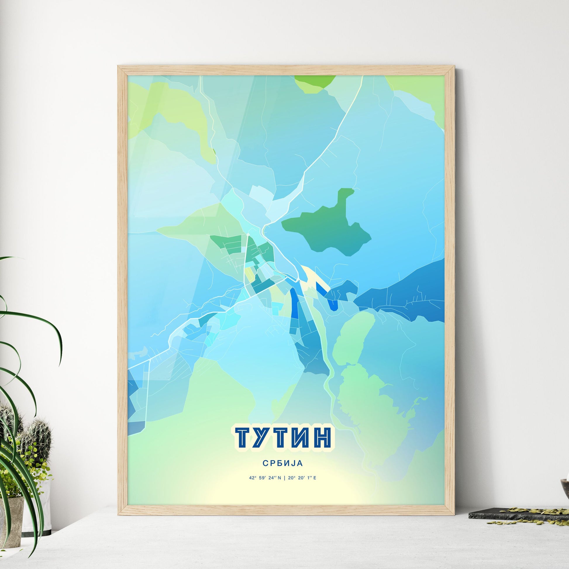 Colorful TUTIN SERBIA Fine Art Map Cool Blue