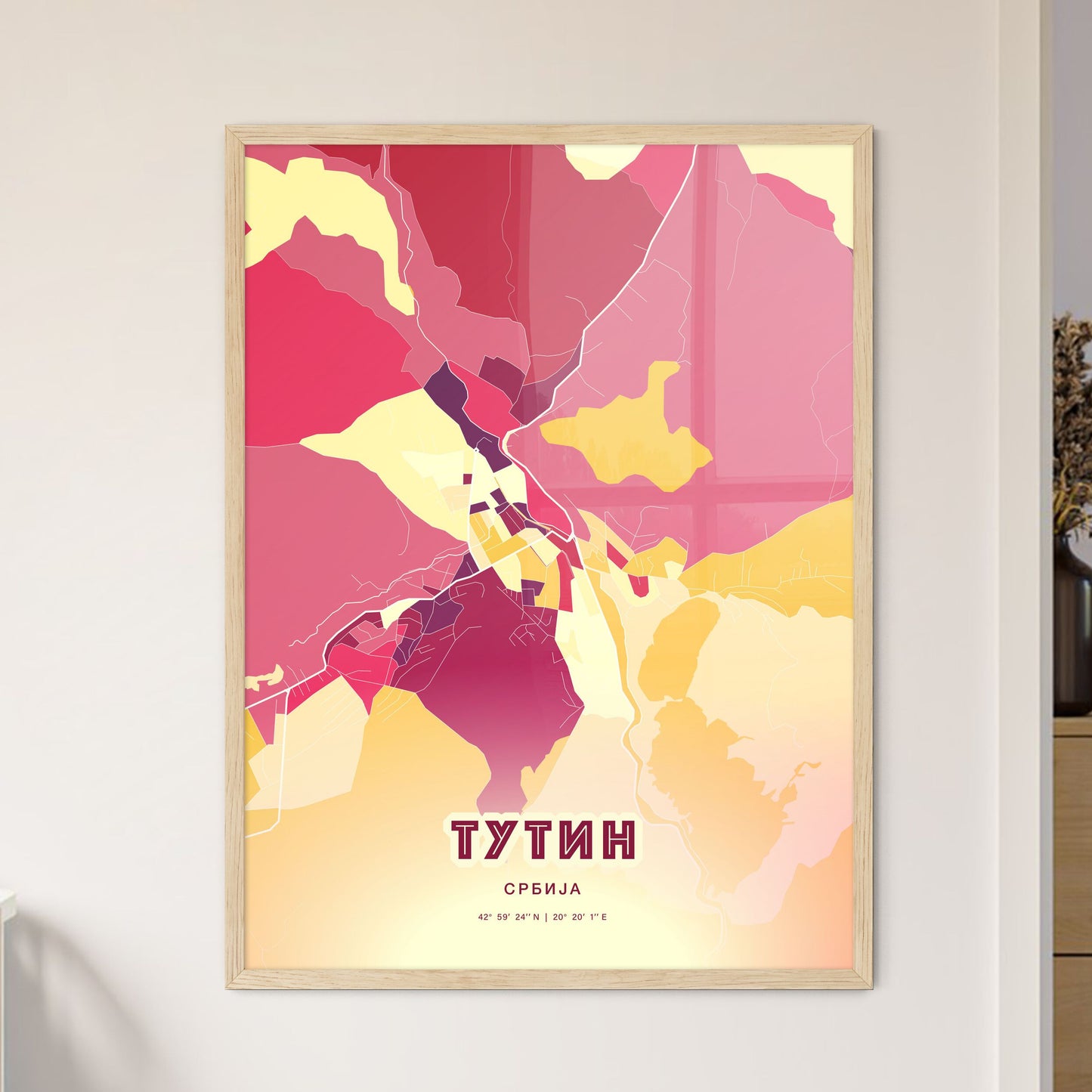 Colorful TUTIN SERBIA Fine Art Map Hot Red