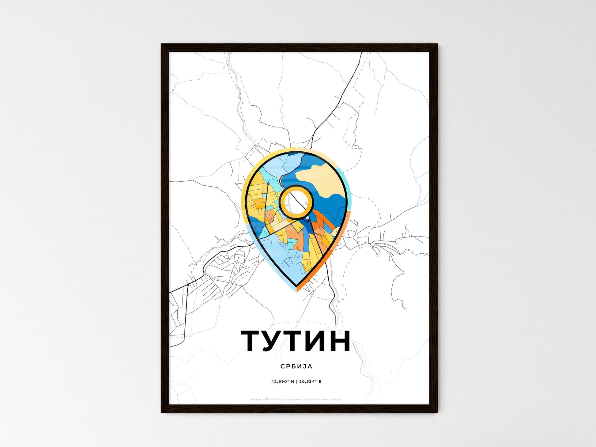 TUTIN SERBIA minimal art map with a colorful icon. Where it all began, Couple map gift. Style 1