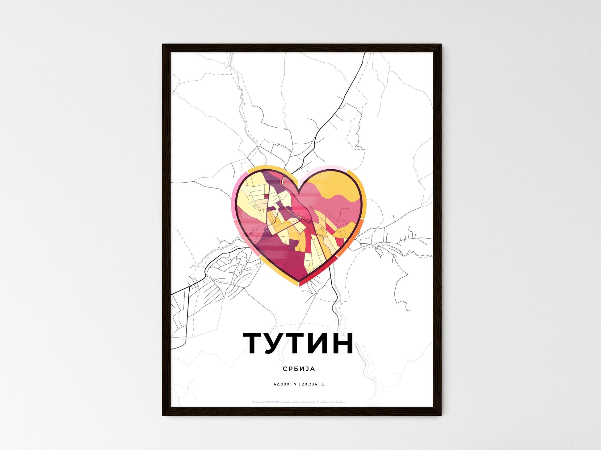 TUTIN SERBIA minimal art map with a colorful icon. Where it all began, Couple map gift. Style 2