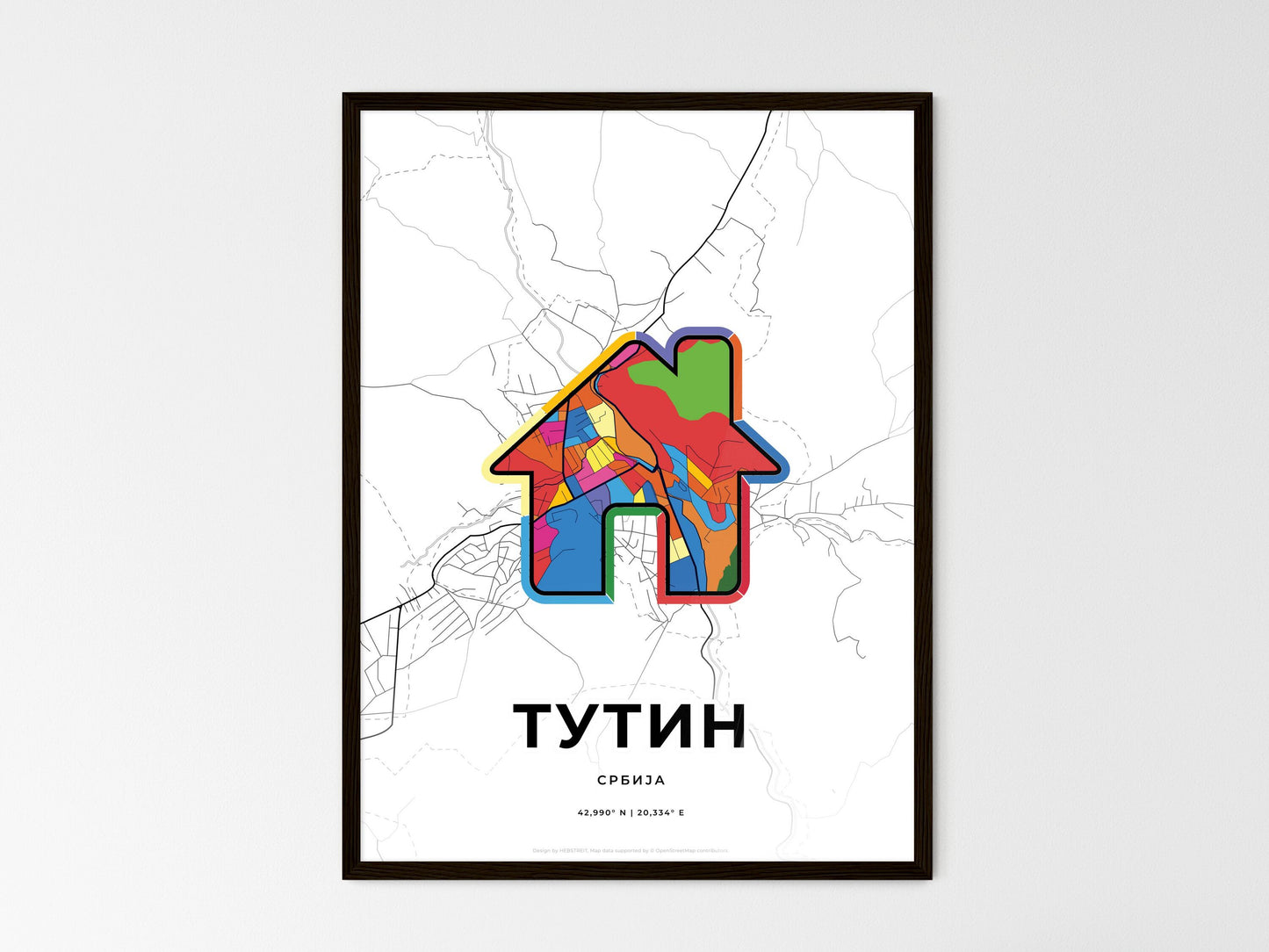 TUTIN SERBIA minimal art map with a colorful icon. Where it all began, Couple map gift. Style 3