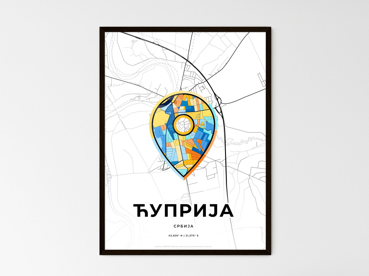 Ćuprija Serbia wedding art map with pointer icon