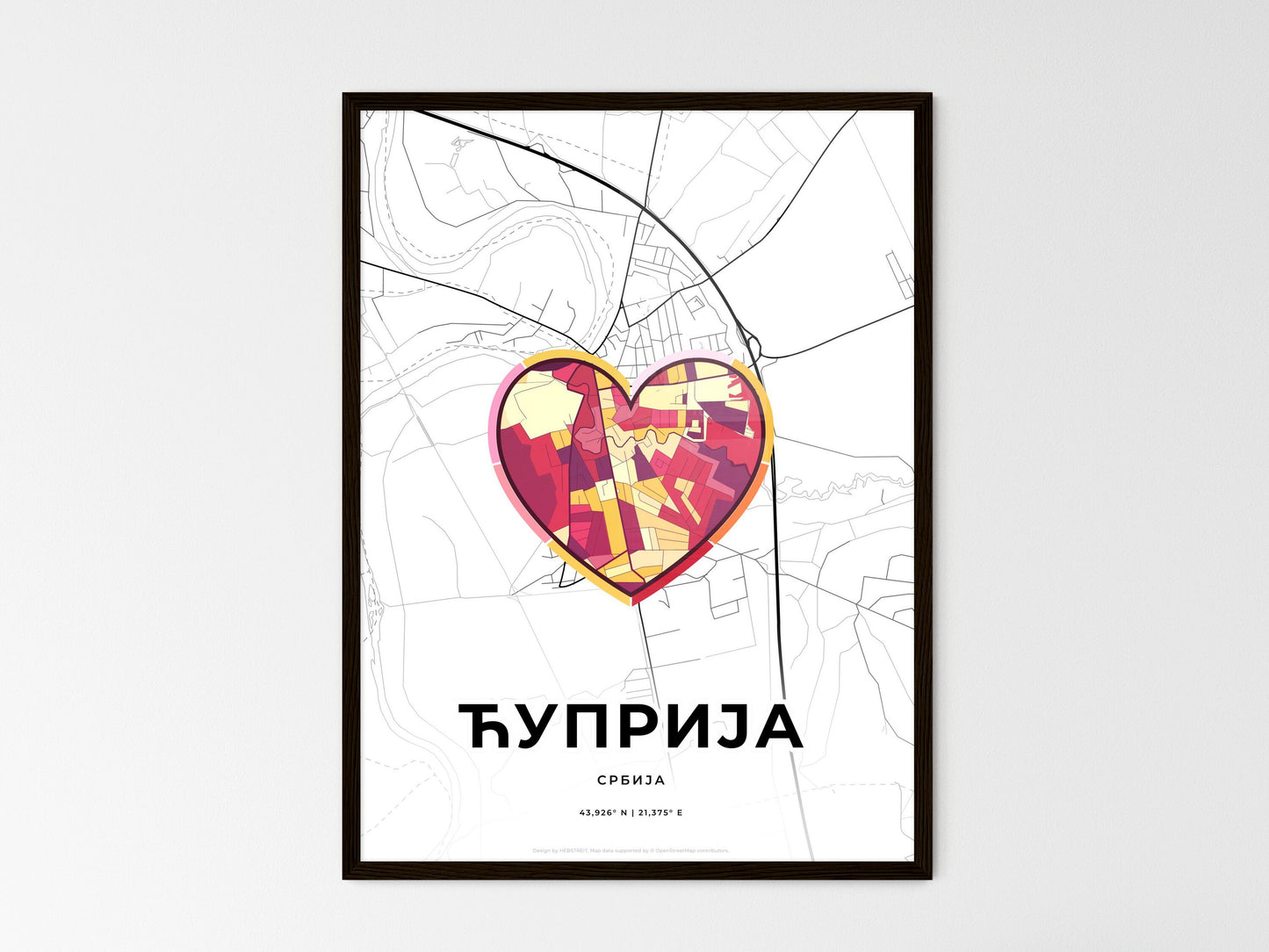 Ćuprija Serbia wedding art map with heart icon