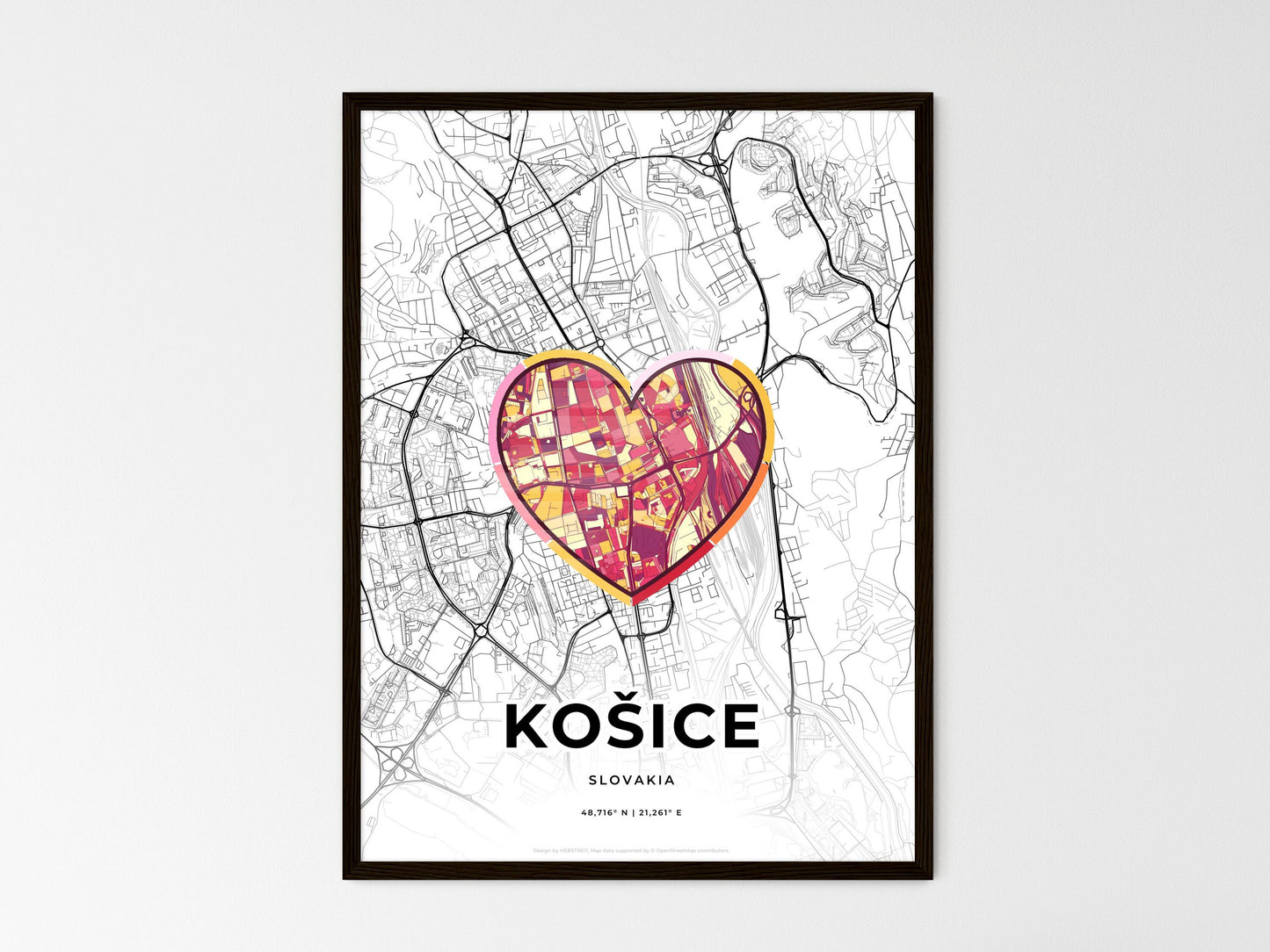 Košice Slovakia wedding art map with heart icon