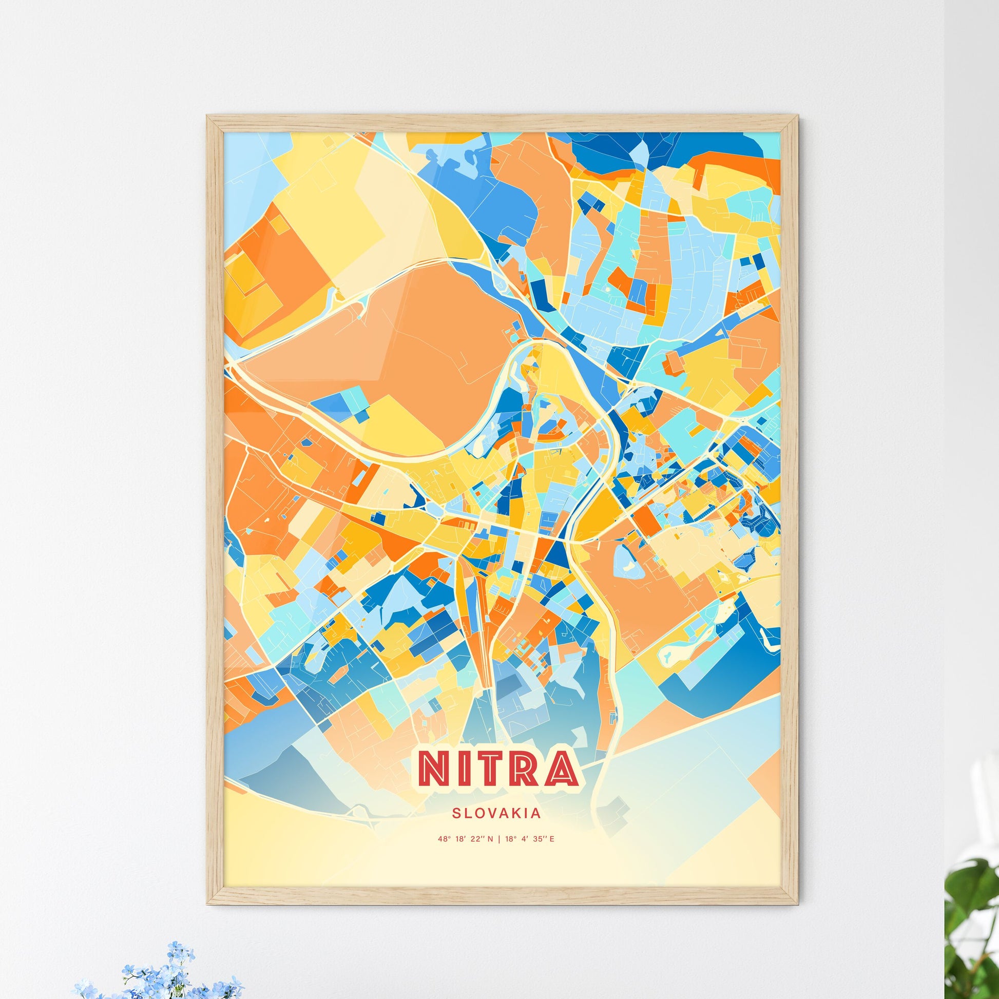 Colorful NITRA SLOVAKIA Fine Art Map Blue Orange