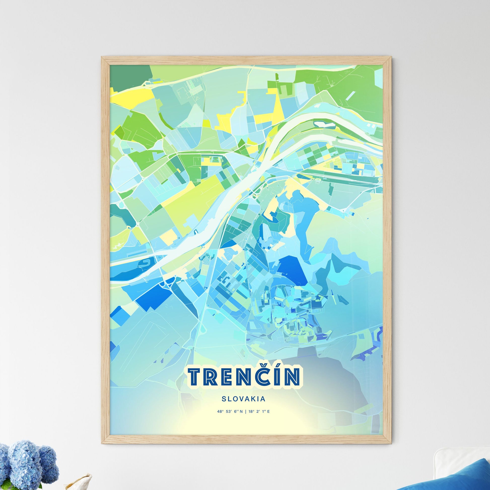 Colorful TRENČÍN SLOVAKIA Fine Art Map Cool Blue